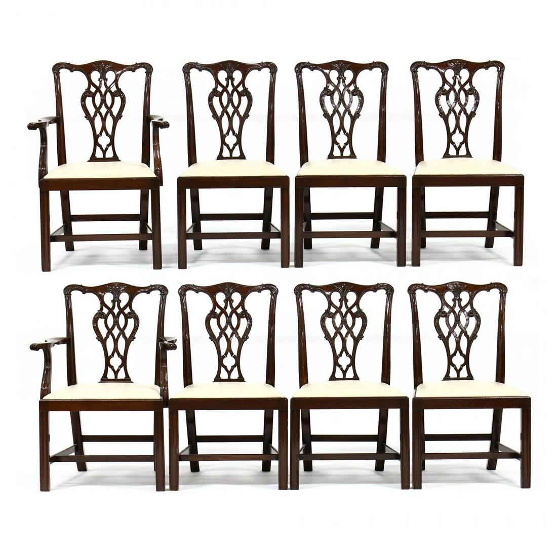 Set of Eight Chippendale Style Carved Mahogany Dining: Set of Eight Chippendale Style Carved Mahogany Dining Chairsearly 20th century, two armchairs and six side chairs, well-developed frames with relief carved crestrail, reticulated splat, with naugahyde
