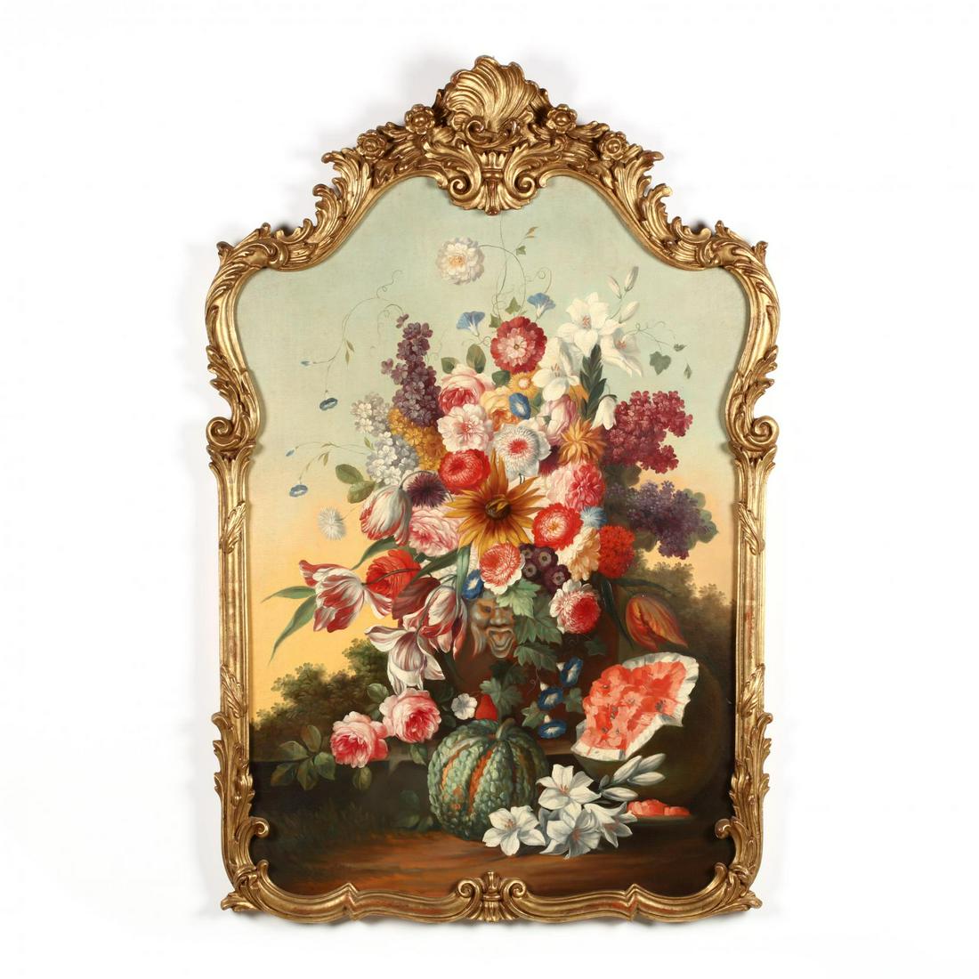 The Cain Collection, Still Life With Melons and Flowers: The Cain Collection, Still Life With Melons and Flowers late 20th century, oil on canvas, signed indiscernibly lower left, in gilt frame, stamped. DOA 47 x 31 in. Private Collection, Goldsboro, North 