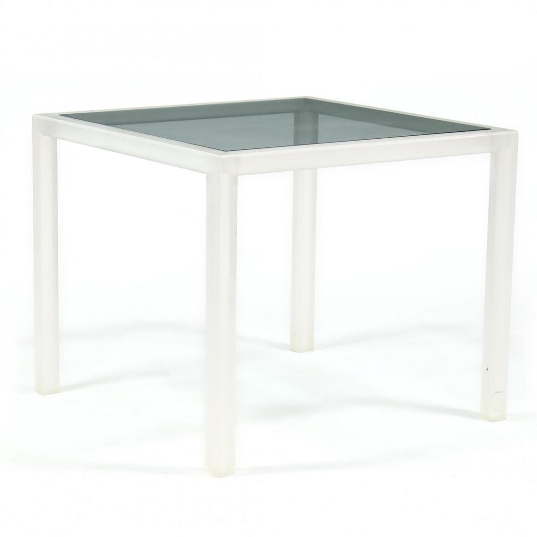Modern Glass and Lucite Dining Table: Modern Glass and Lucite Dining Tablelate 20th century, inset square glass top, on frosted lucite legs. 30 x 36 x 36 in . Additional high-resolution photos are available at LelandLittle.com