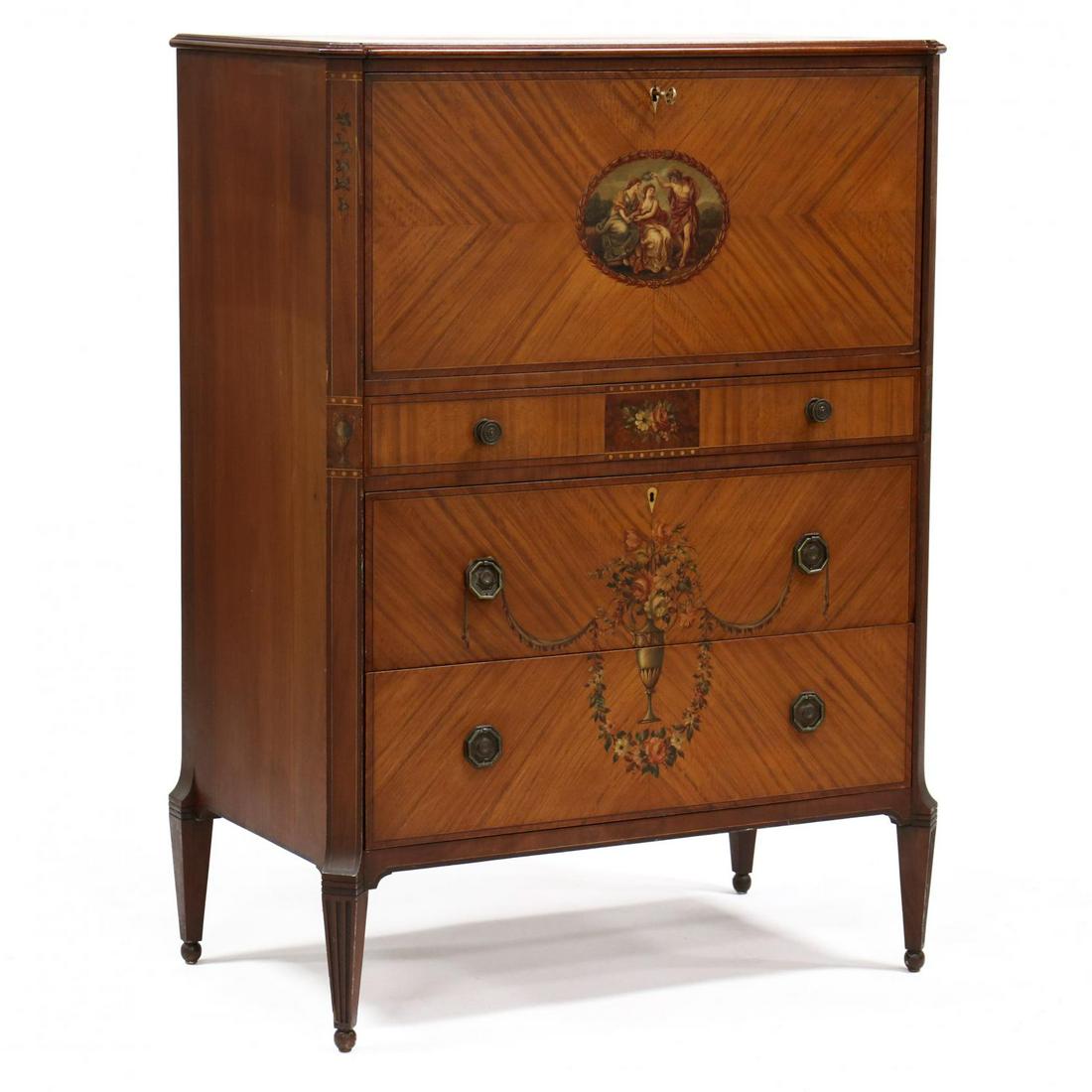 Adam Style Paint Decorated Diminutive Linen Press: Adam Style Paint Decorated Diminutive Linen Press early 20th century, cherry, satinwood veneers, classical style paint decoration, fall-front lid, two fitted drawers, case with three flush graduated d