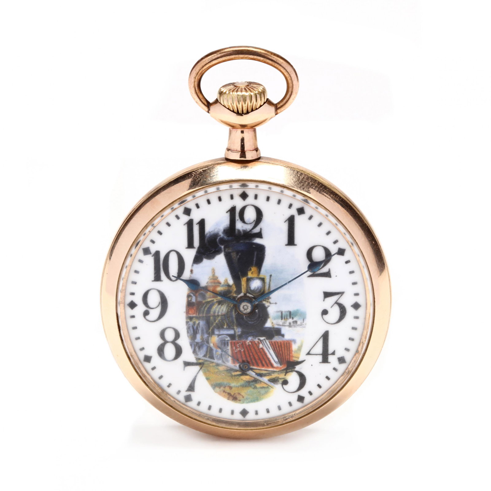 Antique Gold Filled Open Face "Father Time" Pocket: Antique Gold Filled Open Face "Father Time" Pocket Watch, Elgin circa 1914, stem wind and lever set, twenty-one jewels, movement #17825894, the white dial decorated with a locomotive motif, with black