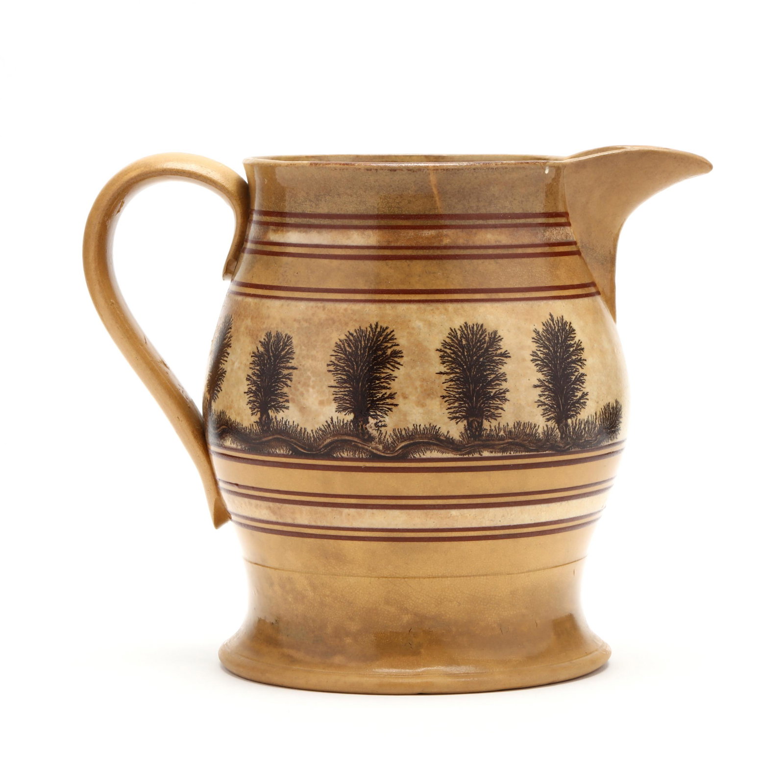 English Mocha Ware Pitcher: English Mocha Ware Pitcher 19th century, yellow ware with dendrite seaweed decoration. 7.25 in. From the Collection of the late Bragg Cox, Cary, North Carolina Additional high-resolution photos are av