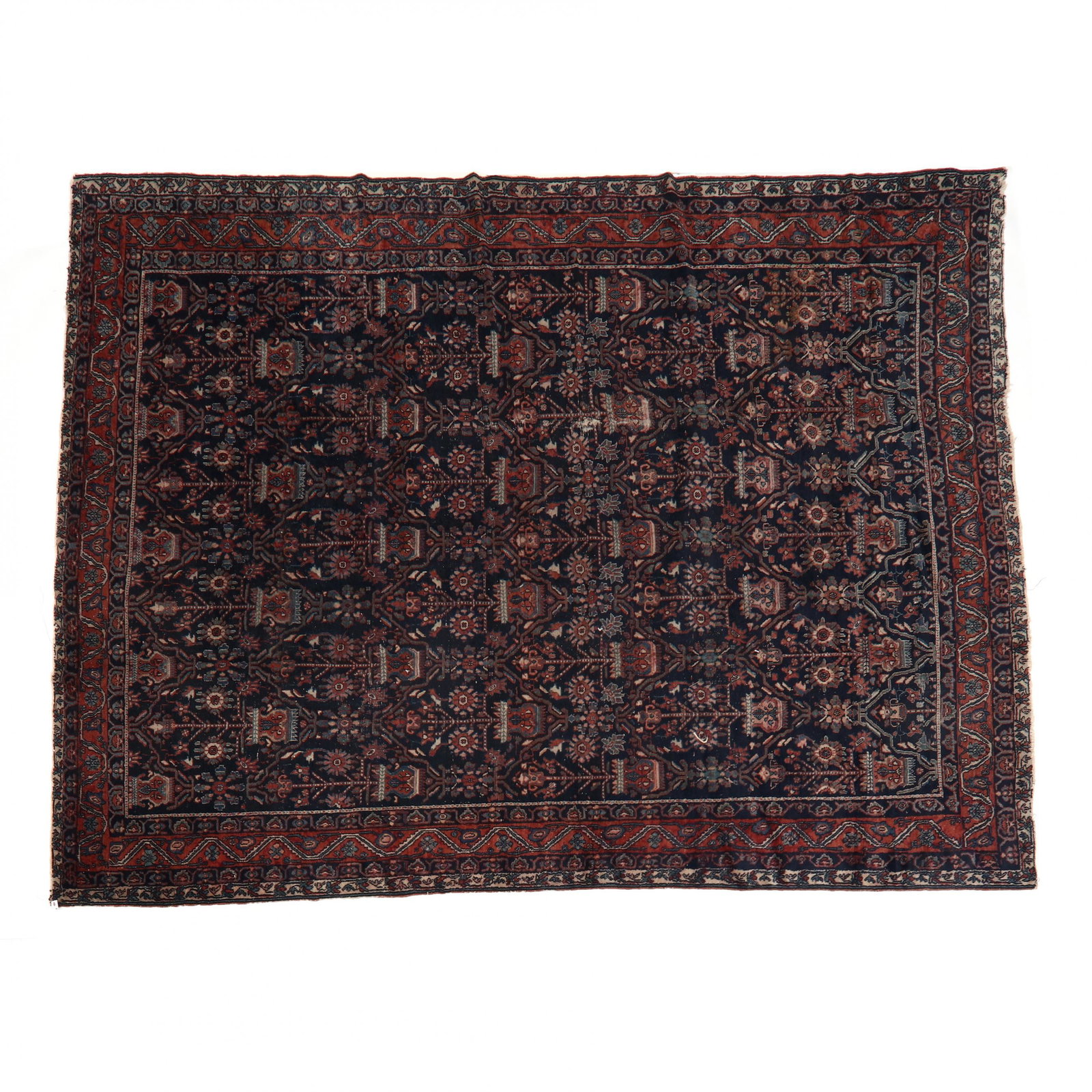 Kazvin Carpet: Kazvin Carpet dark blue field with repeating tree-of-life and rosette design elements, red border with scrolling vine, with outer guard border. 8 ft. 9 in. x 11 ft. 7 in. Collection of a Gentleman, Ea