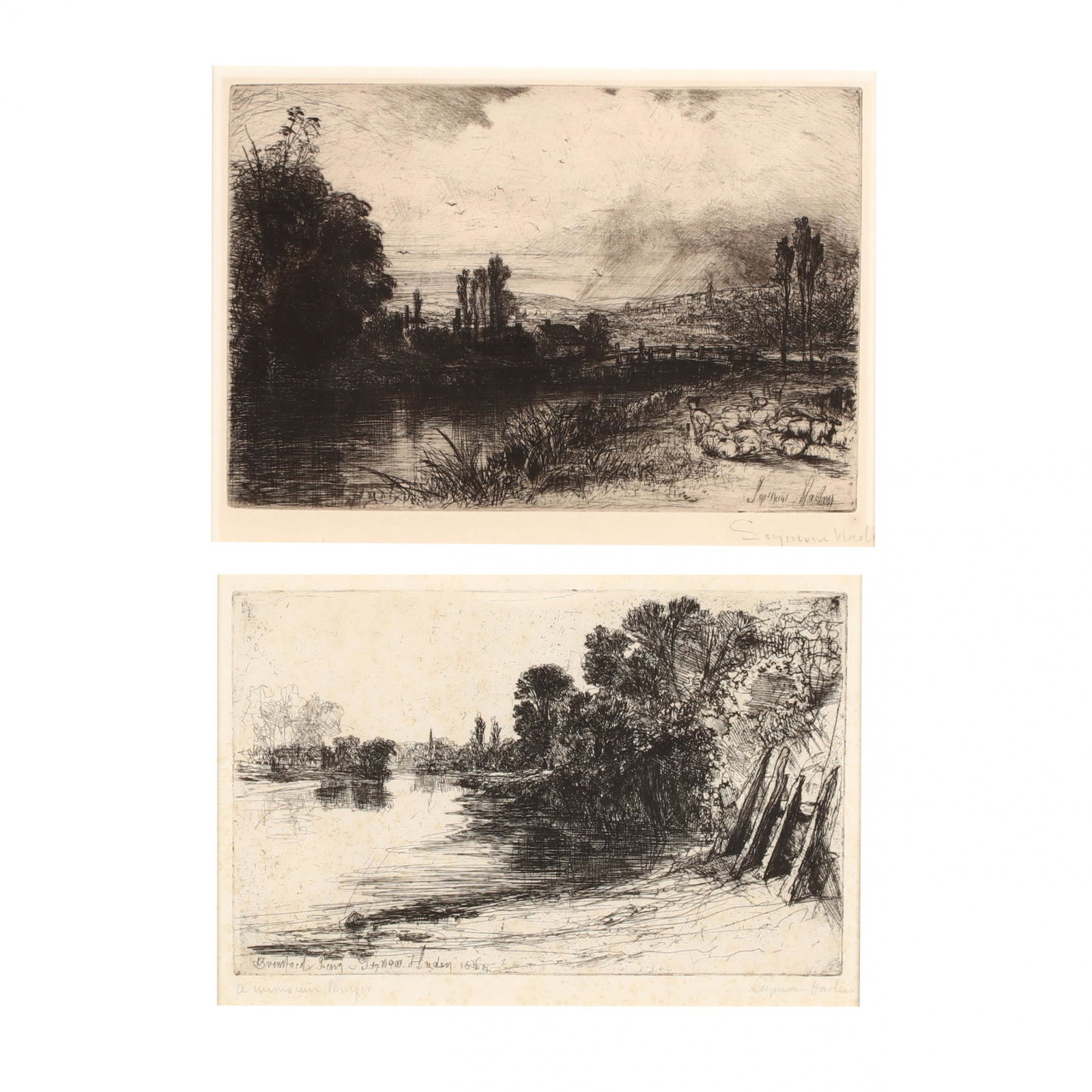 Seymour Haden (British, 1818-1910), On the Test and: Seymour Haden (British, 1818-1910), On the Test and Brentford Ferry etchings with drypoint, dated 1859 and 1864 respectively, each pencil singed, one titled, in uniform matting and framing under glass