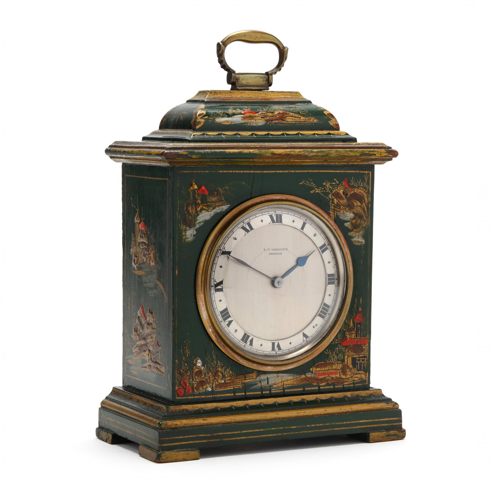 E. W. Gardner, Vintage Chinoiserie Bracket Clock: E. W. Gardner, Vintage Chinoiserie Bracket Clock Preston, first half 20th century, French works, silver tone face with Roman numerals, wood case with painted green field, figures and pagodas, bail han