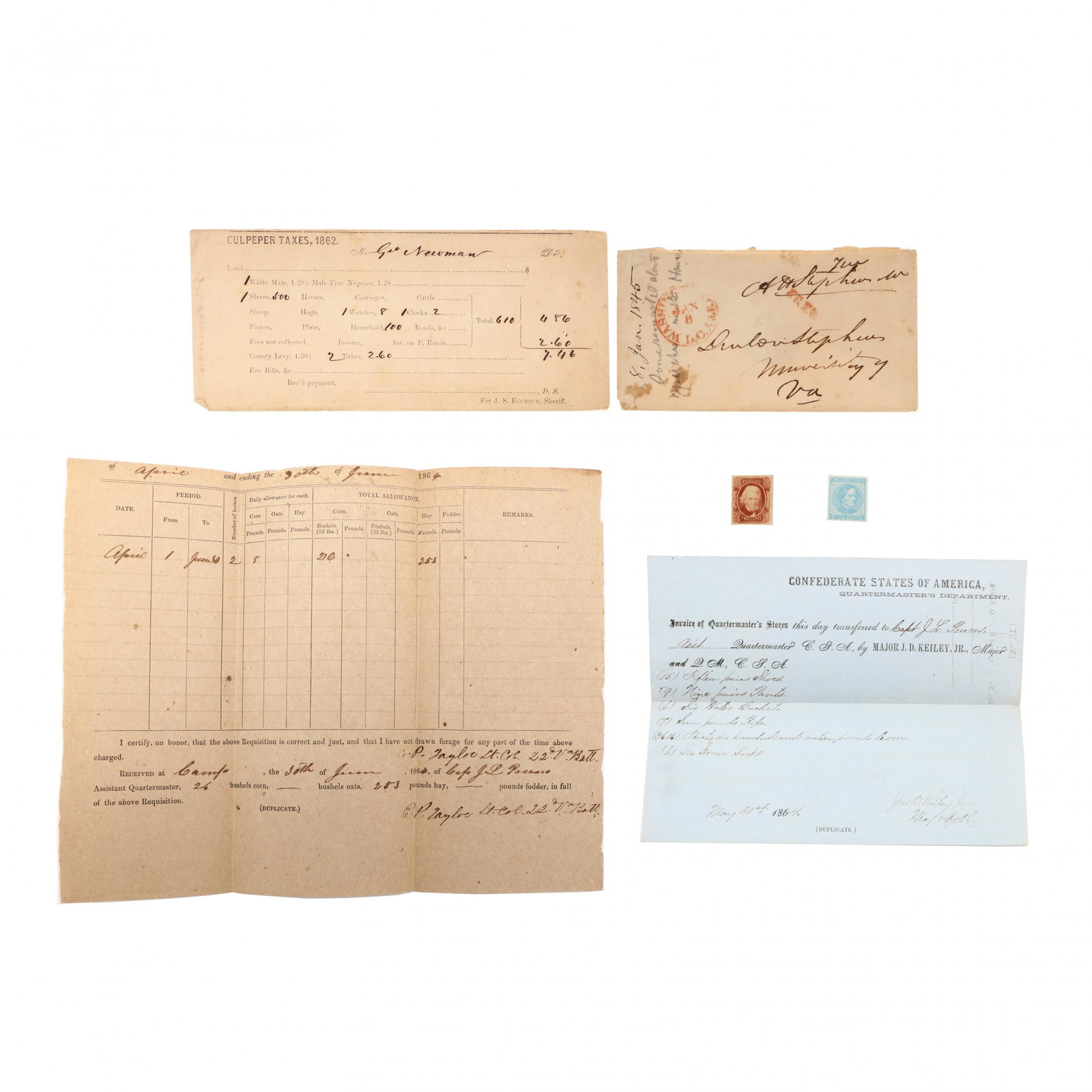 Small Grouping of Ephemera Related to the Confederacy: Small Grouping of Ephemera Related to the Confederacy six pieces to include: Free Frank postal cover, Washington City, January 8, 1845, to Dunbow Stephens University of Virginia, signed A H Stephens b