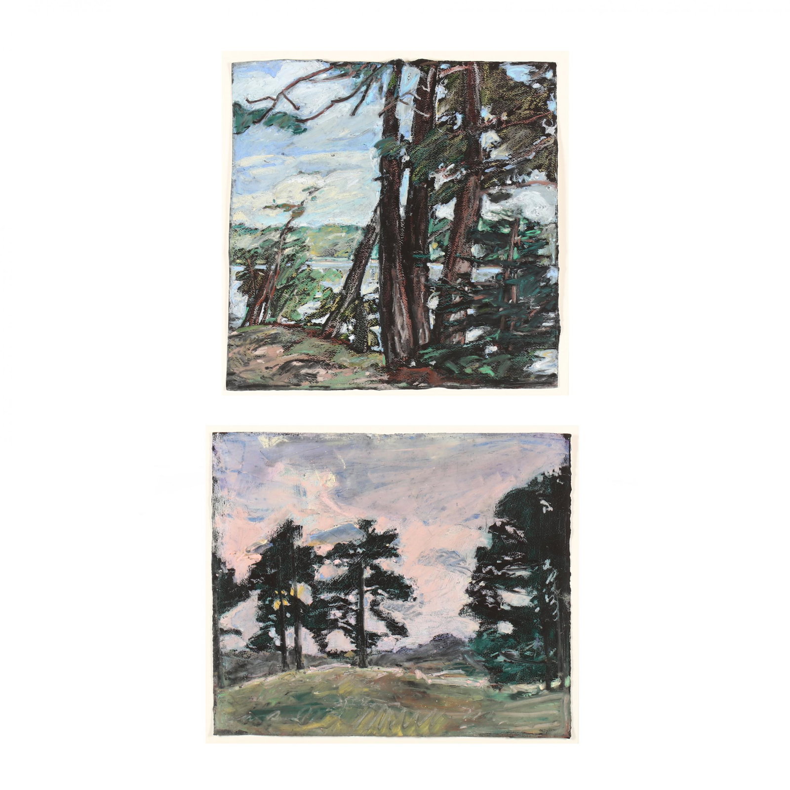 Daisy Craddock (TN/NY, b. 1949), Two Original Landscape: Daisy Craddock (TN/NY, b. 1949), Two Original Landscape Paintings oil pastel on paper, the first titled Afternoon, Silver Lake (1986) and the second titled Three Views from a Ridge (1987), each mounte