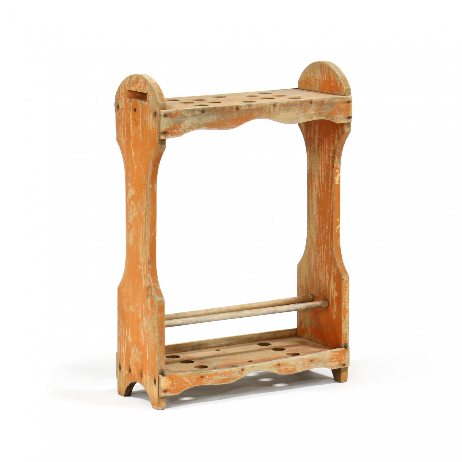Primitive Painted Cane Stand: Primitive Painted Cane Stand early 20th century, white pine, old orange painted surface. 29 x 20 x 8 in. From the Collection of the late Bragg Cox, Cary, North Carolina Additional high-resolution phot