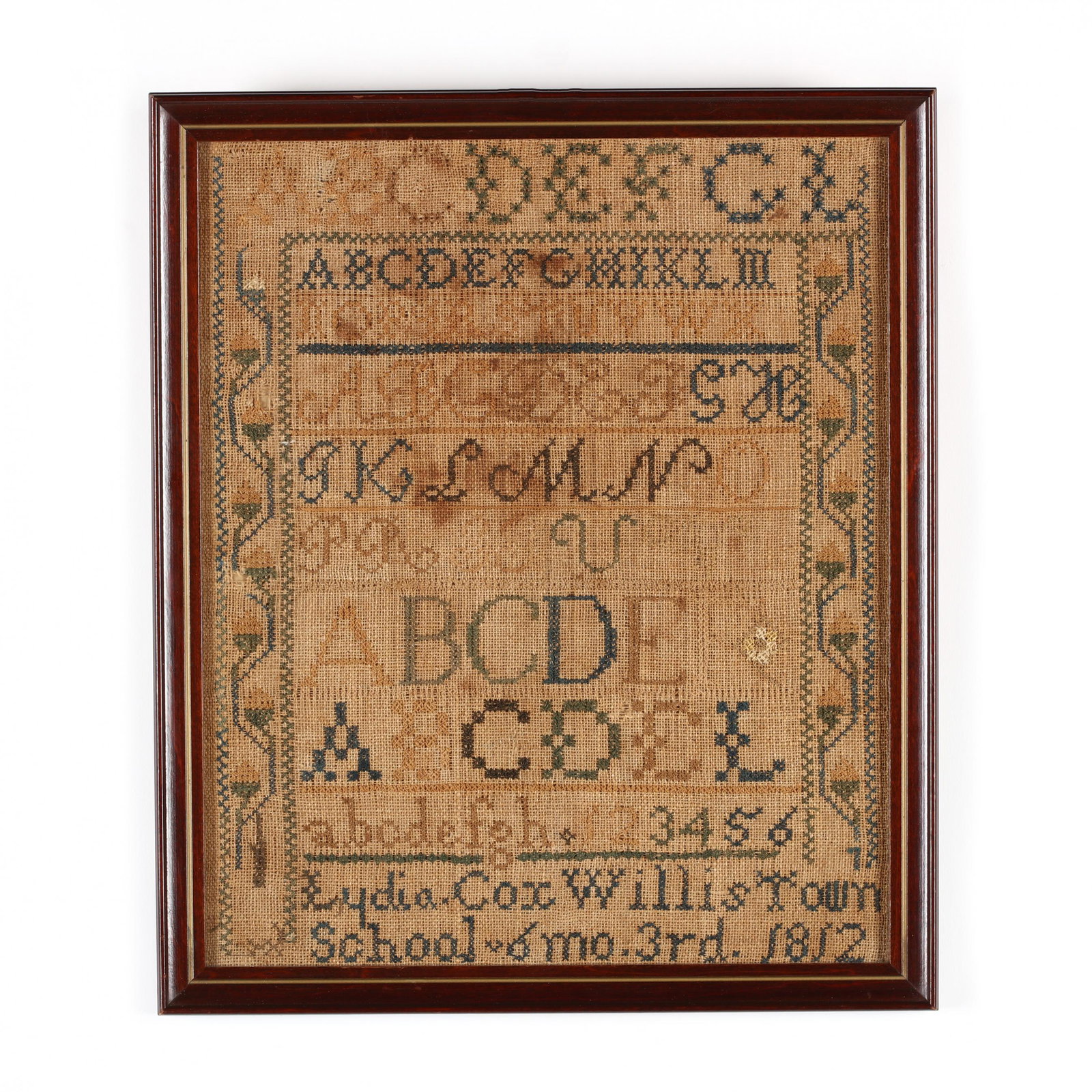 Lydia Cox's Band Sampler Dated 1812, Pennsylvania: Lydia Cox's Band Sampler Dated 1812, Pennsylvania worked in multi-color silk on linen ground, with upper and lower case alphabet bands, stitched to bottom register "Lydia Cox Willistown / School 6 mo.