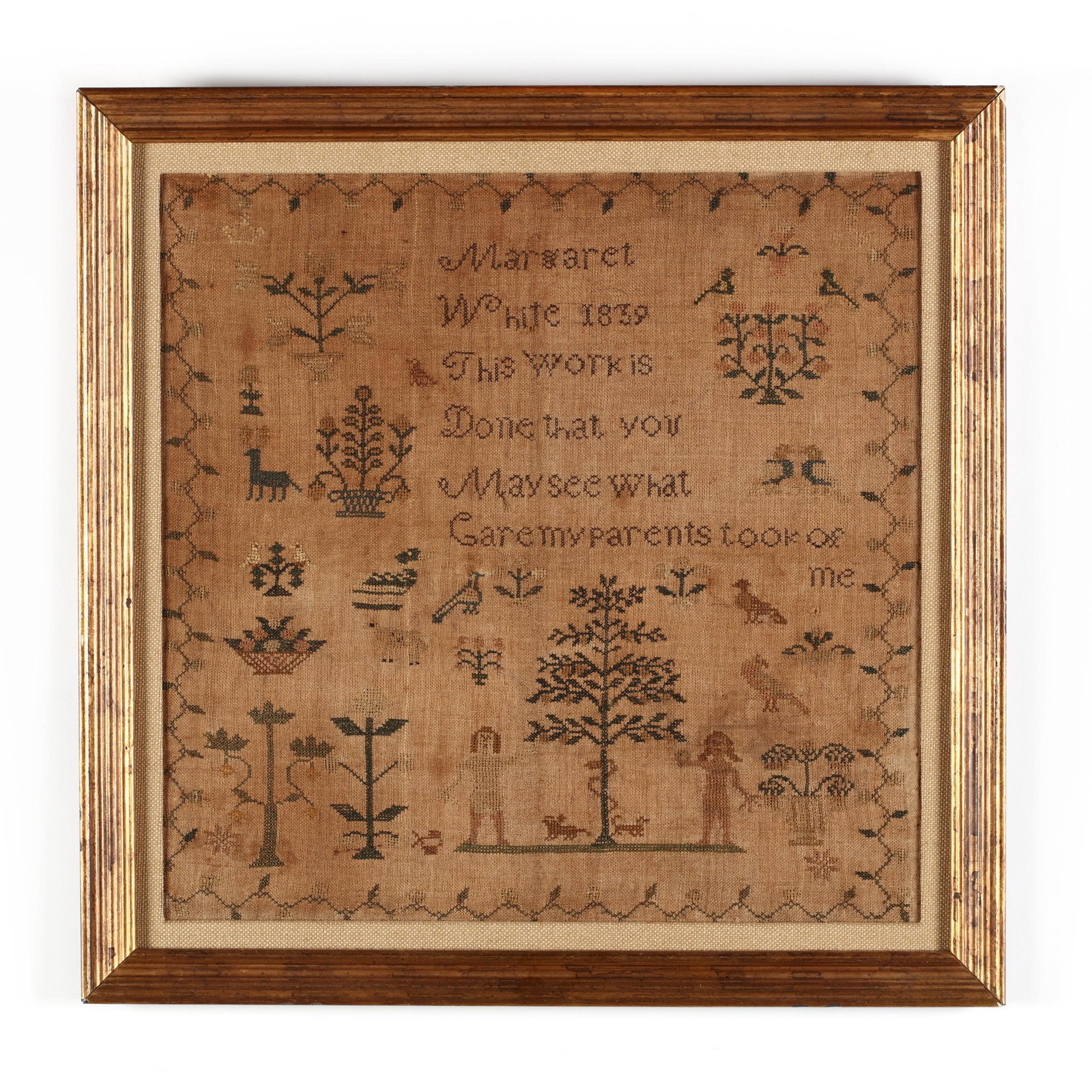 Margaret White's Sampler, 1839: Margaret White's Sampler, 1839 American, worked in multi-color silk on loose linen, "Margaret / White 1839 / This work is / Done that you / May see what / Care my parents took of / Me" stitched above 