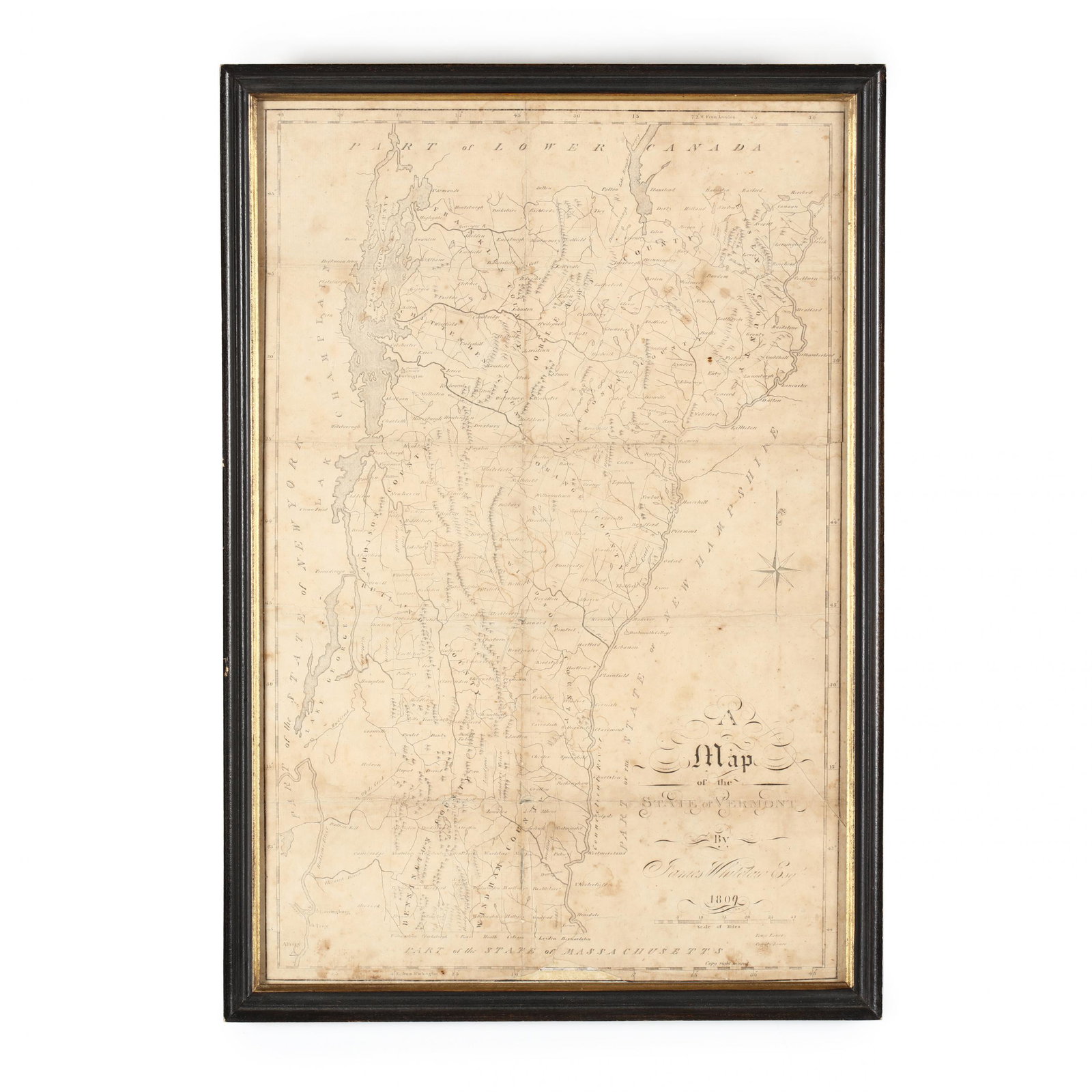 Whitelaw, James. A Map of the State of Vermont: Whitelaw, James. A Map of the State of Vermont Likely disbound from The Natural and Civil History of Vermont by Samuel Williams (Burlington: Printed by Samuel Mills, 1809), no color. Presented in wood
