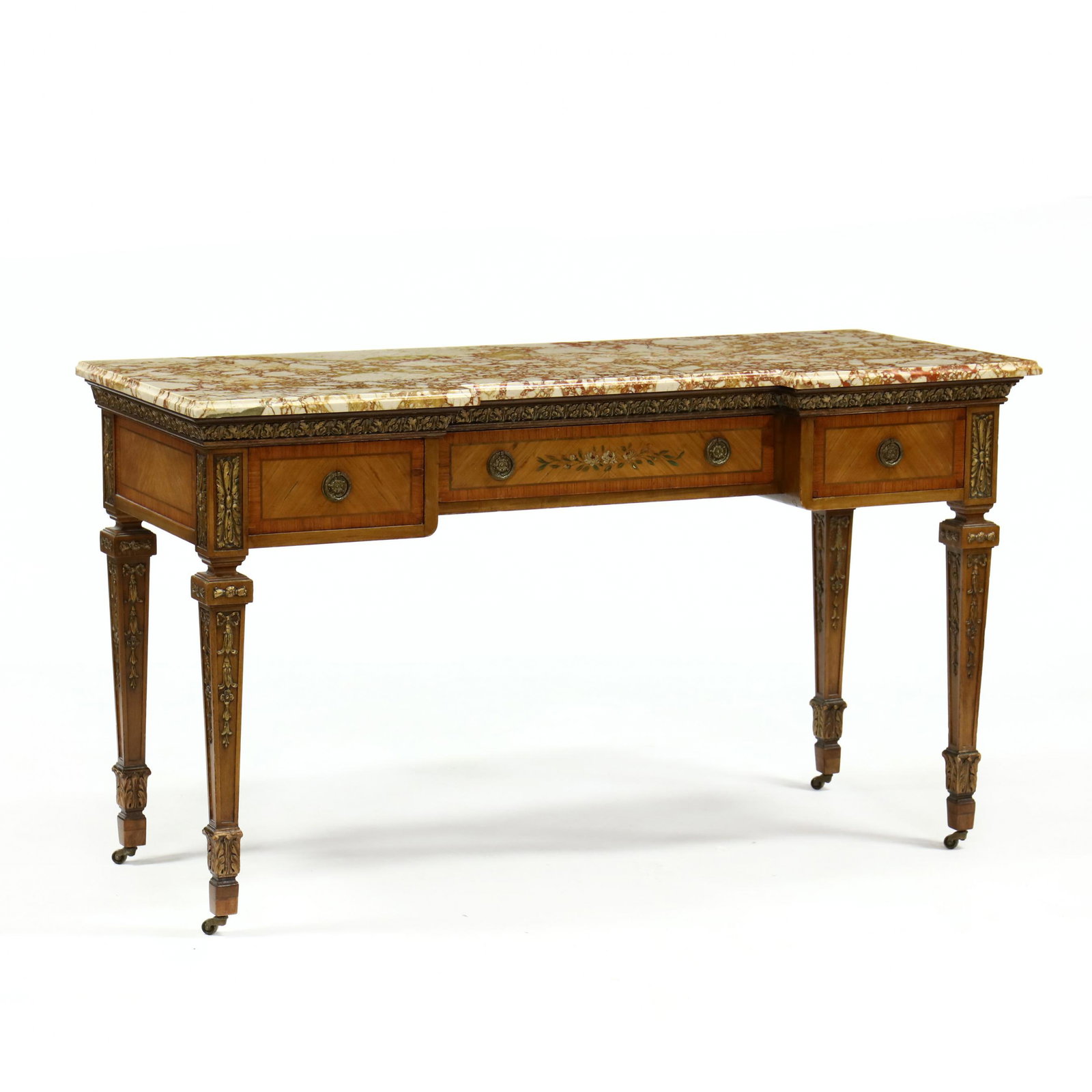 Adam Style Inlaid Marble Top Dressing Table: Adam Style Inlaid Marble Top Dressing Table first half 20th century, shaped specimen marble top with molded edge, mahogany case with three drawers featuring banded inlays and floral painted decoration