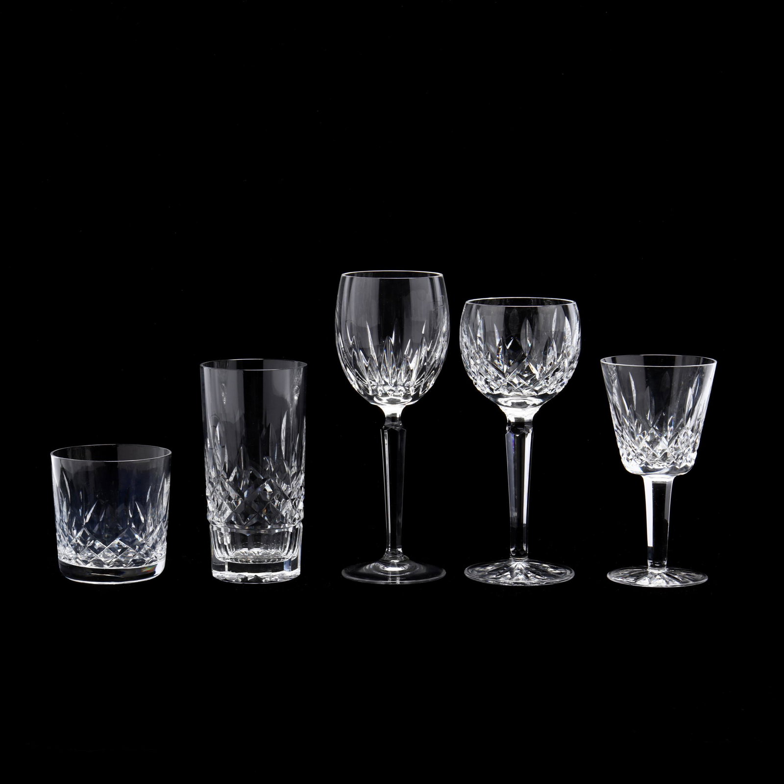 (29) Pieces of Waterford Crystal Stemware: (29) Pieces of Waterford Crystal Stemware Irish, late 20th century, mostly in the Lismore pattern, including (6) whiskey glasses (3.25 in.); (7) highballs (5 5/8 in.); (6) white wine stems (5.75 in.);