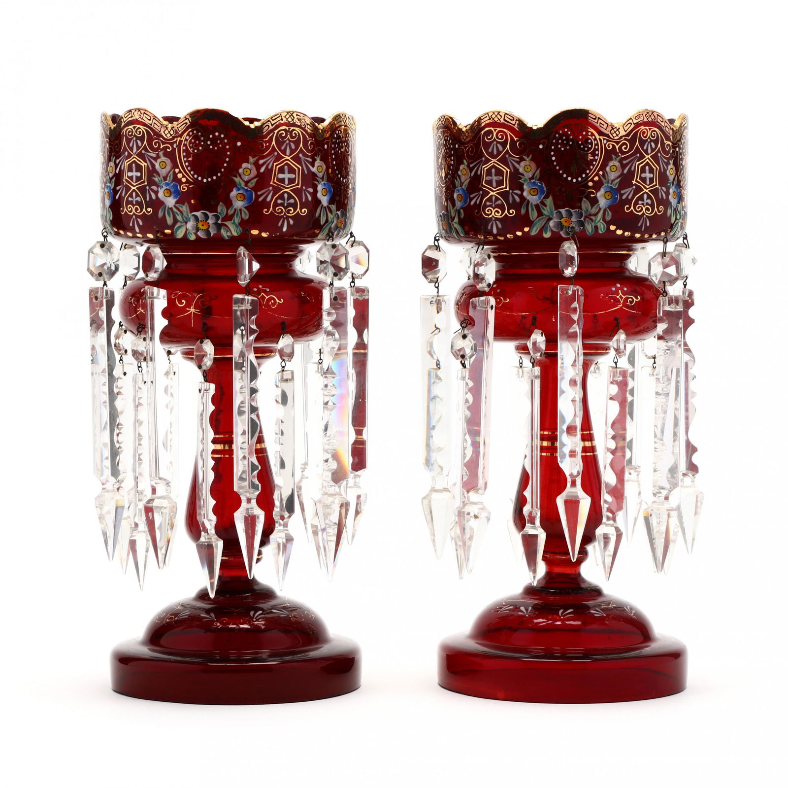 Pair of Ruby Glass and Drop Prism Mantel Lusters: Pair of Ruby Glass and Drop Prism Mantel Lusters19th century, scalloped edge with painted and gilt floral decoration with two rows of cut glass drop prisms. 14.5 in. Collection of Cele Bryant, Souther