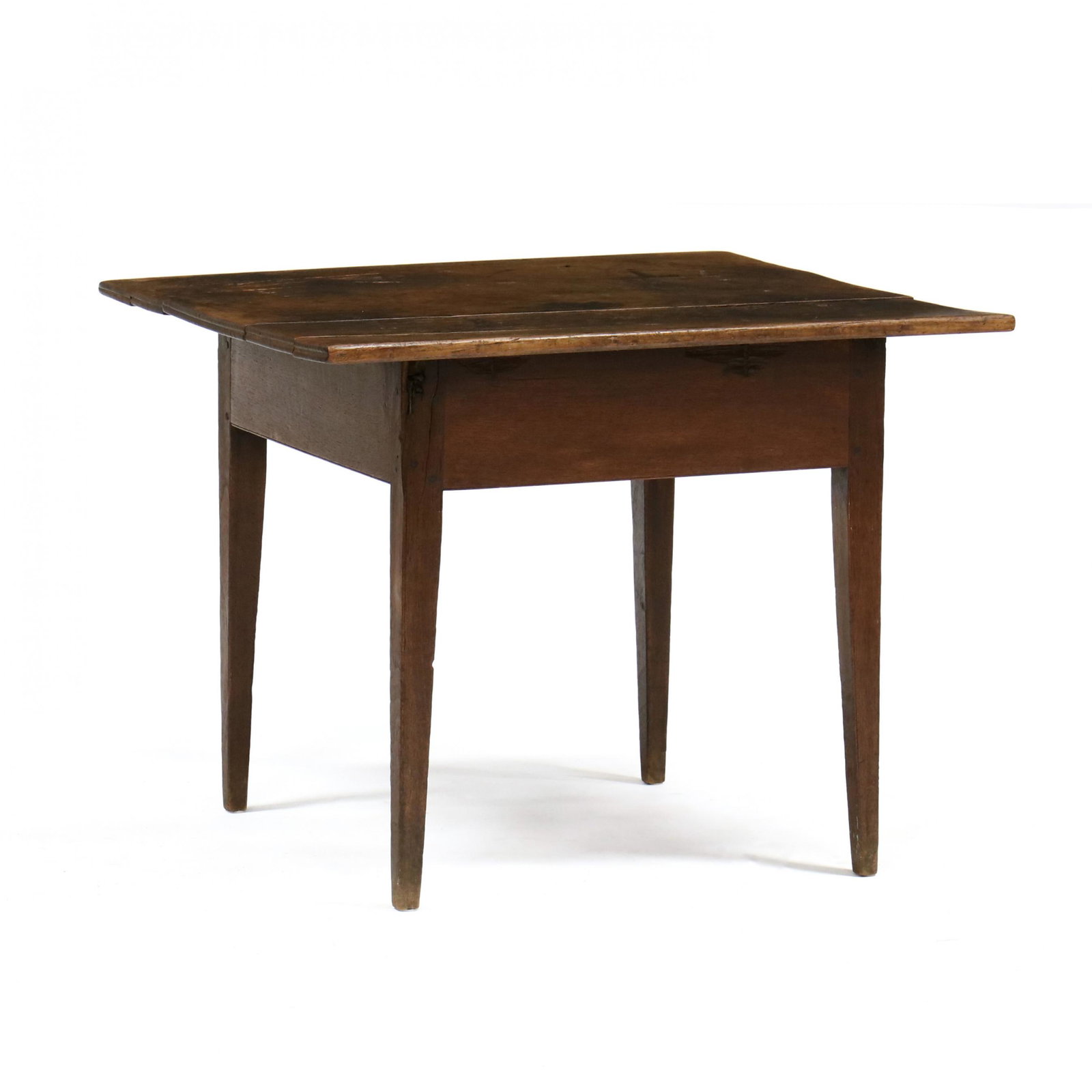 Southern Hepplewhite Walnut Work Table: Southern Hepplewhite Walnut Work Table Hertford County, early 19th century, three-board rectangular top, flush skirt with scratch bead at bottom edge, tall square tapered legs with scratch bead. 27.5 