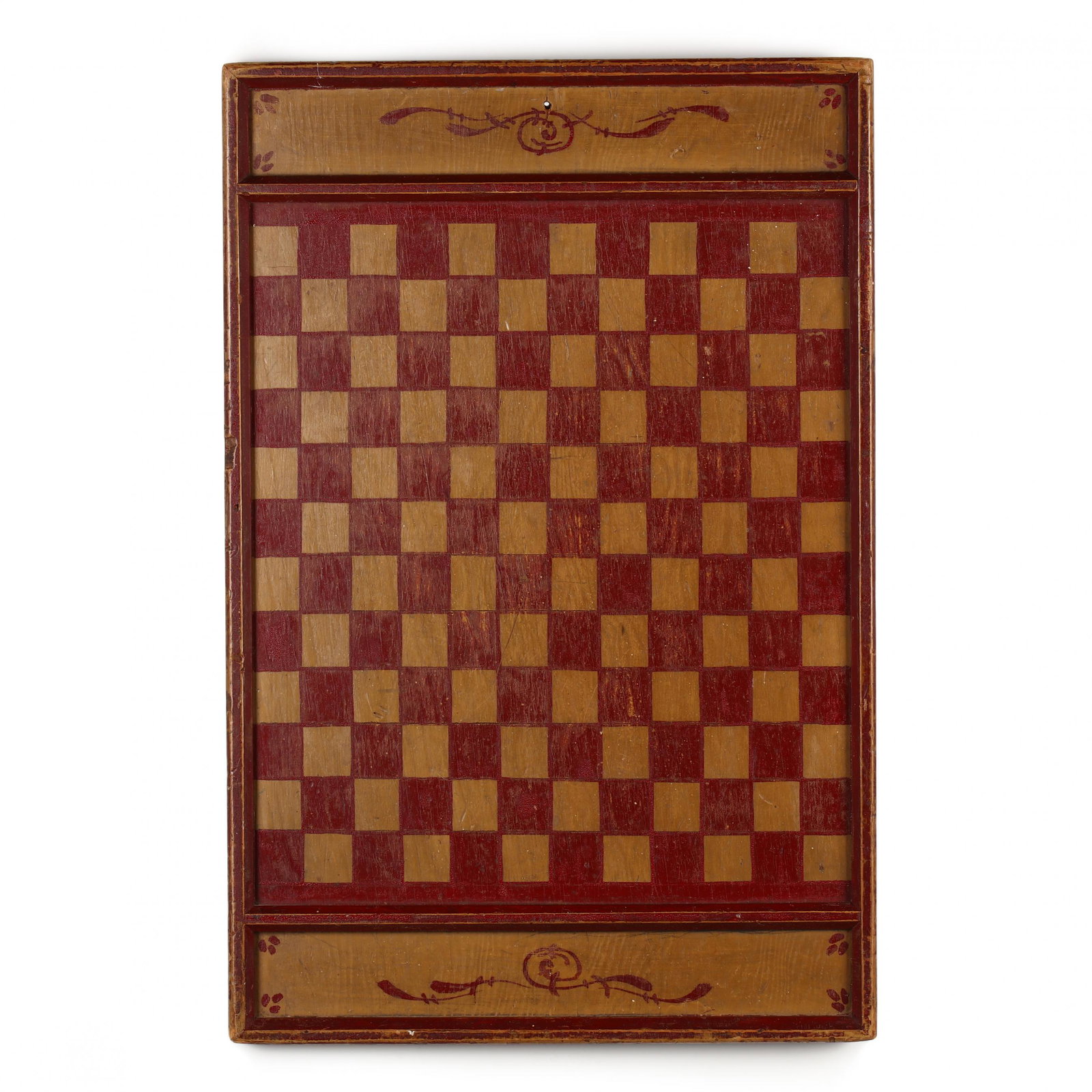 Canadian Painted Game Board: Canadian Painted Game Board early 20th century, red and yellow, well constructed with precise squares, decorative trays. 1.5 x 28.5 x 19 in. Additional high-resolution photos are available at LelandLi