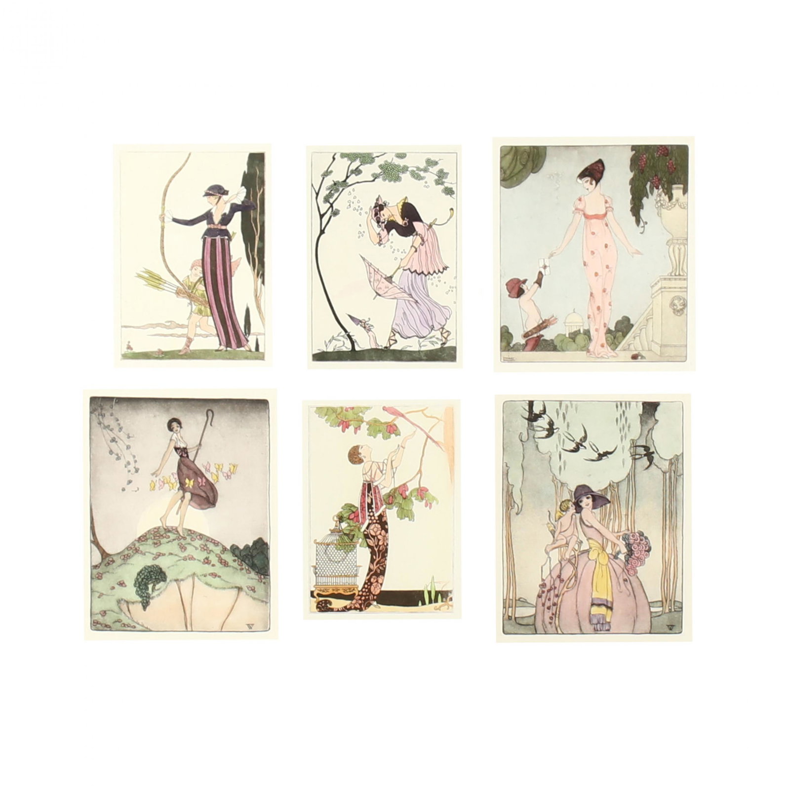 Group of Art Nouveau Style Fashion Prints: Group of Art Nouveau Style Fashion Prints hand-colored prints, reprints after original Art Nouveau illustrations, after Stanley Woollett, later 20th century, presented in uniform silvertone framing an
