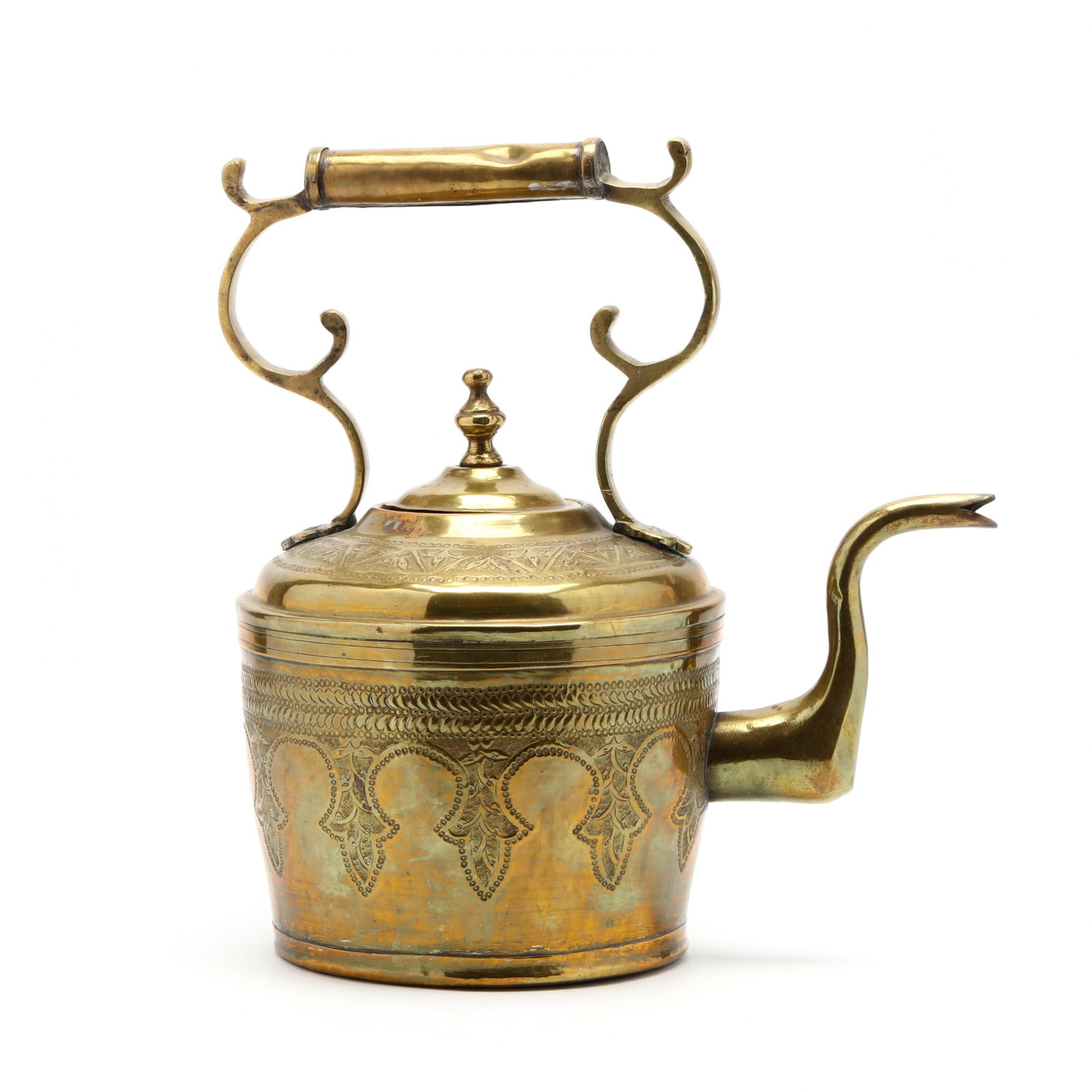 Antique Repousse Brass Tea Kettle: Antique Repousse Brass Tea Kettle 19th century, dovetailed construction, scrolled handle, the body decorated with Moroccan style panels. 14 in. Additional high-resolution photos are available at Lelan