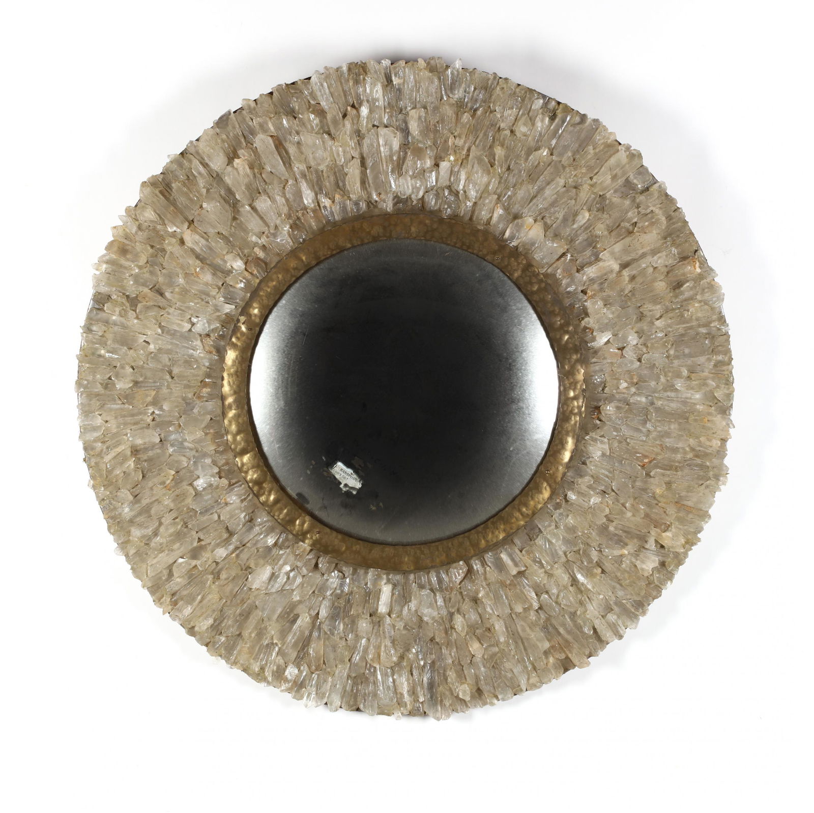 French Quartz Framed Bull's Eye Mirror: French Quartz Framed Bull's Eye Mirrorcircular convex mirror with hammered gilt metal surround with attached quartz crystals, unmarked. 32 in. diameter. Additional high-resolution photos are availabl