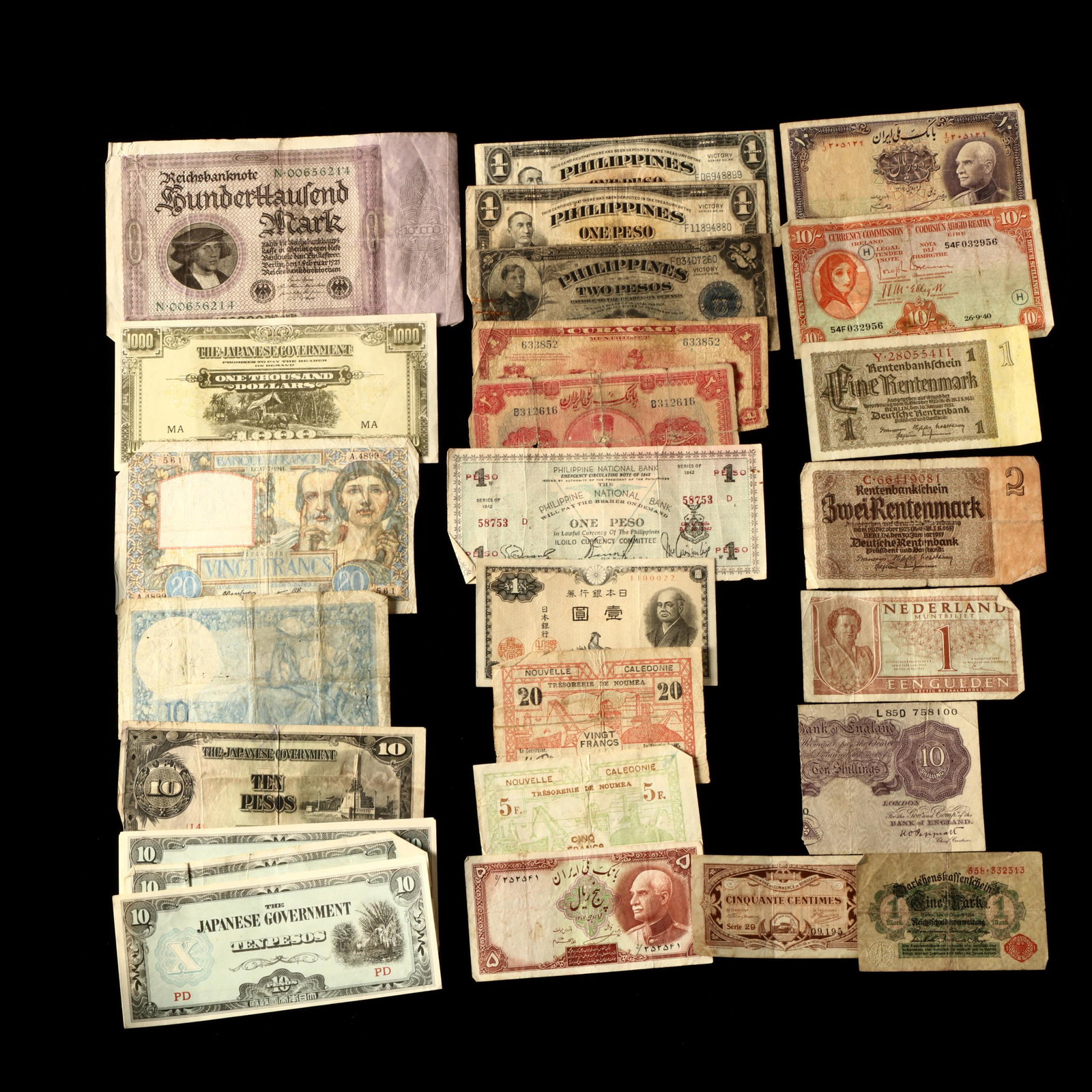 26 WWII Era and Earlier World Notes: 26 WWII Era and Earlier World Notes Bordeaux, 50 Centimes, 1917; Curacao, 1 Gulden; France, 10 Francs and 20 Francs; New Caledonia, 1943 5 Francs and 20 Francs; Germany, 1 Mark, 1914, 1 Mark, 1937, 2 