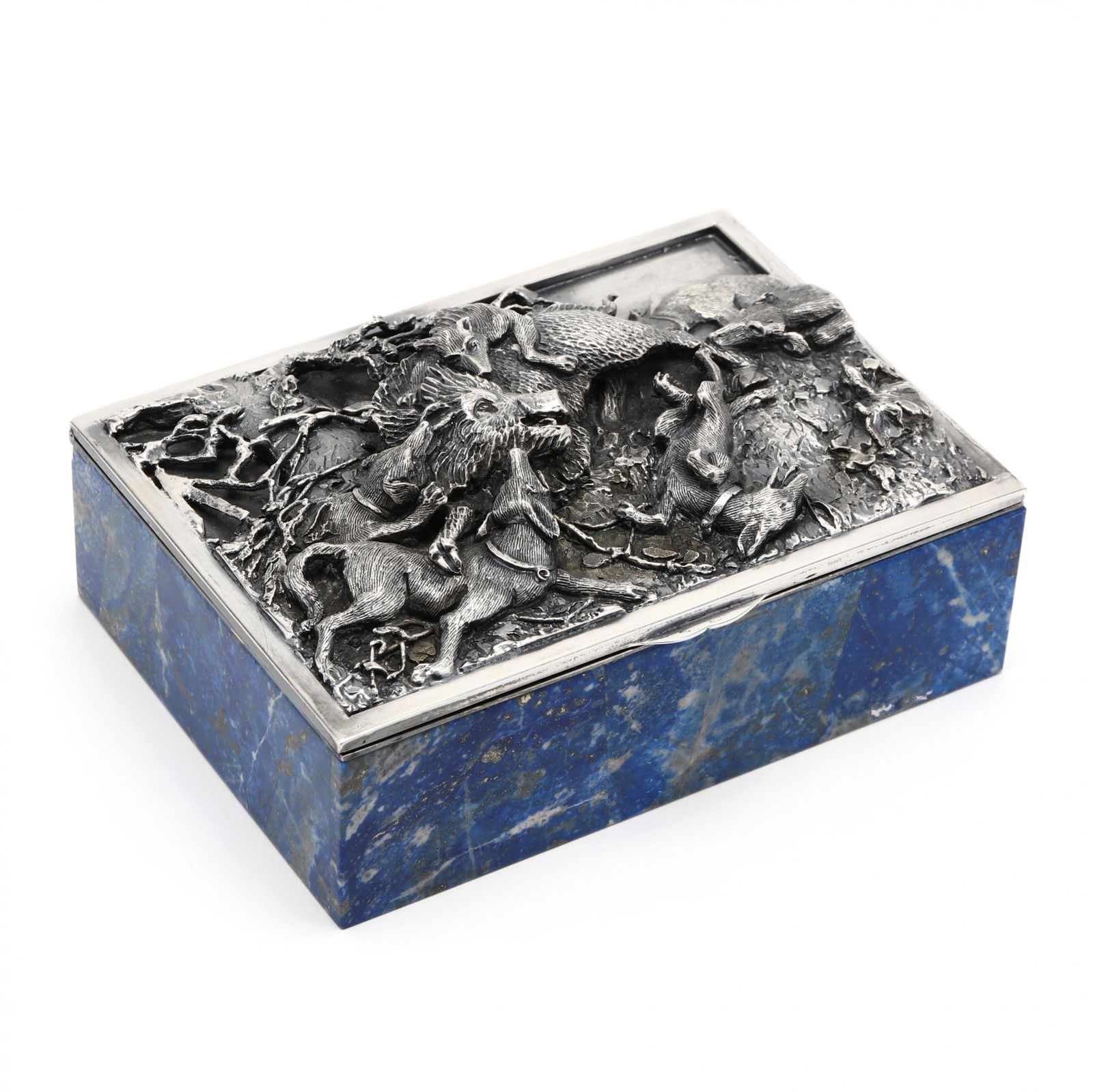 An Exceptional Silver & Hardstone Table Box, Dunhill: An Exceptional Silver & Hardstone Table Box, Dunhillmade for and retailed by Dunhill, Italian, 20th century, .800 silver cover and mounts, rectangular form, the hinged cover with finely detailed hunt