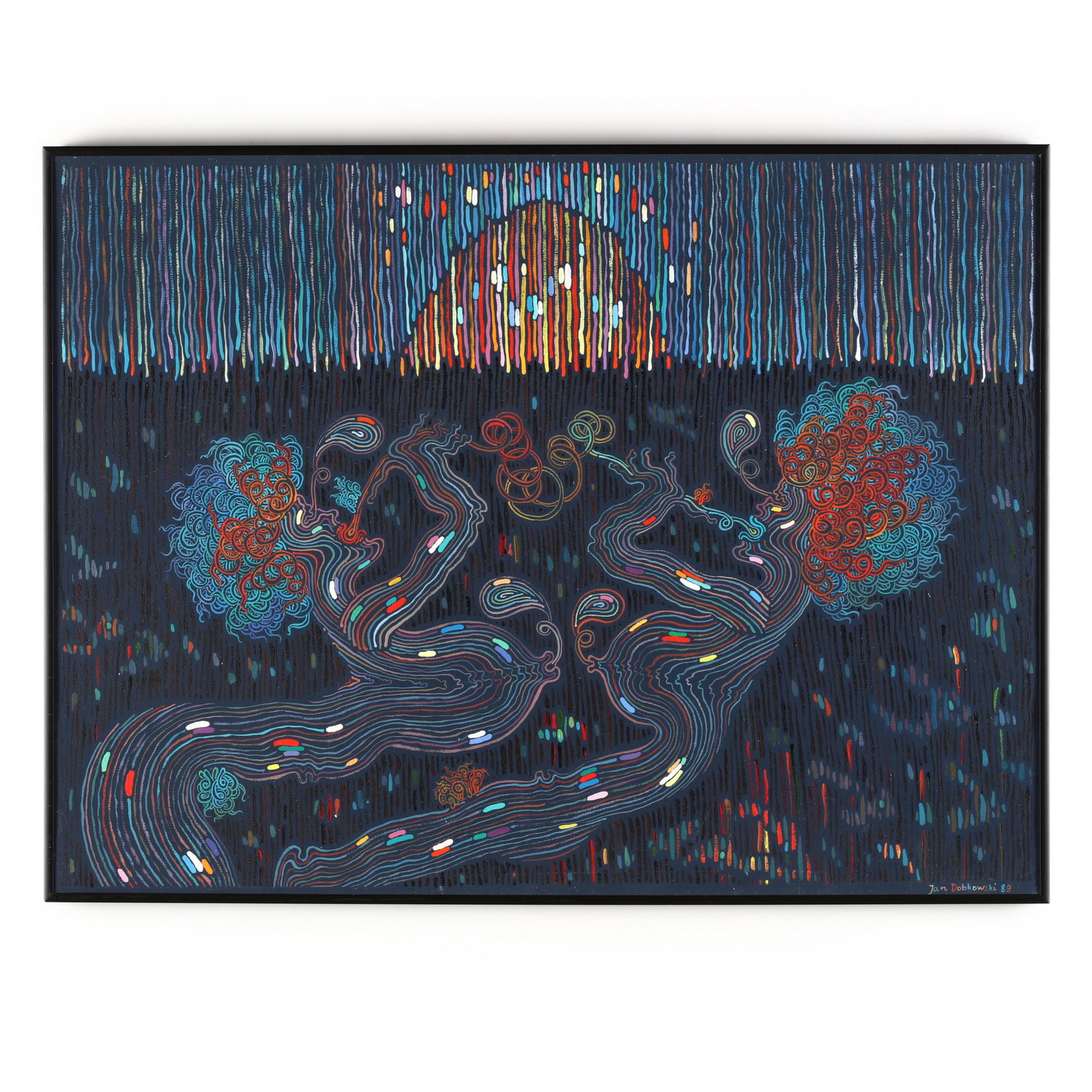 Jan Dobkowski (Polish, born 1942), Wieczna Melodia: Jan Dobkowski (Polish, born 1942), Wieczna Melodia (Eternal Melody), oil and acrylic on canvas, signed and dated 1989, inscribed on the verso, framed. SS 23 1/8 x 31 in.; DOA 23 7/8 x 31.75 in. From t