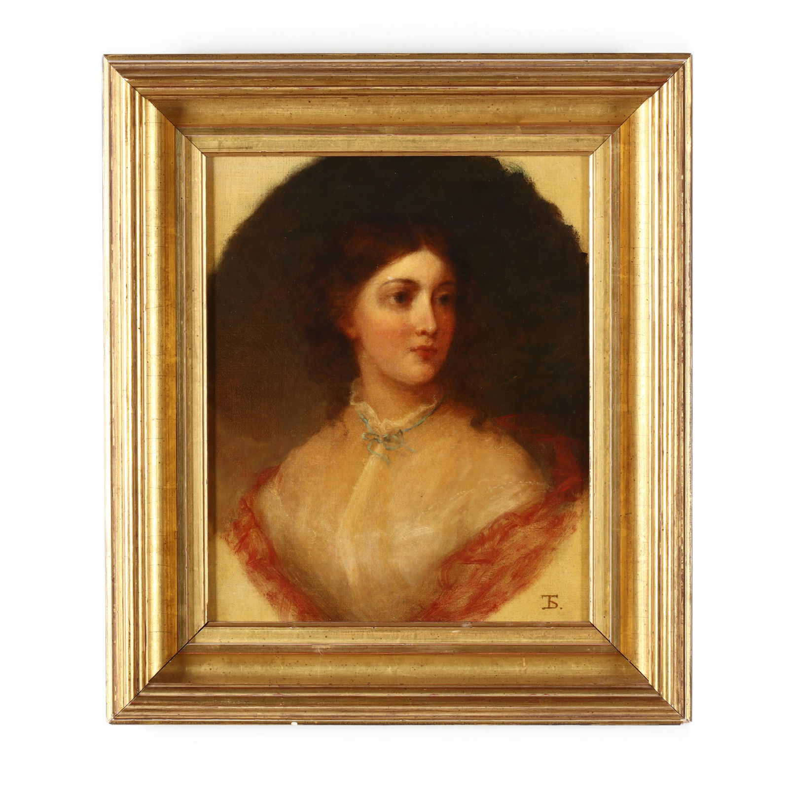 Thomas Sully (PA, 1783-1872), Portrait of a Young Woman: Thomas Sully (PA, 1783-1872), Portrait of a Young Womanoil on canvas (lined), monogrammed at lower right, presented in a later deep cove molded gilt frame. SS 11.25 x 9.25 in.; DOA 16.25 x 14.25 in. F