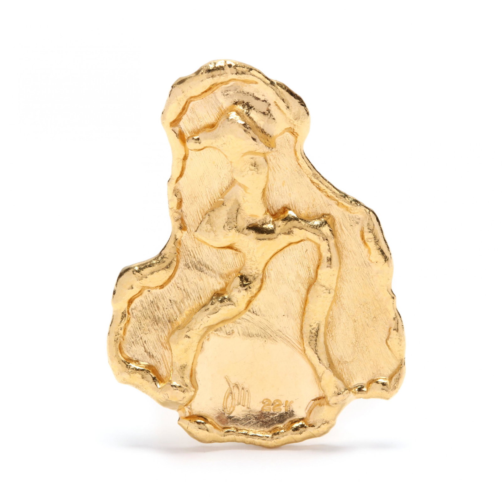 22KT Gold Brooch, Jean Mahie: 22KT Gold Brooch, Jean Mahie designed in textured yellow gold in free form centering on a relief carved motif, signed to the front and marked 22K, completed with single pin stem. 1.25 in. 6.6 dwt. Add