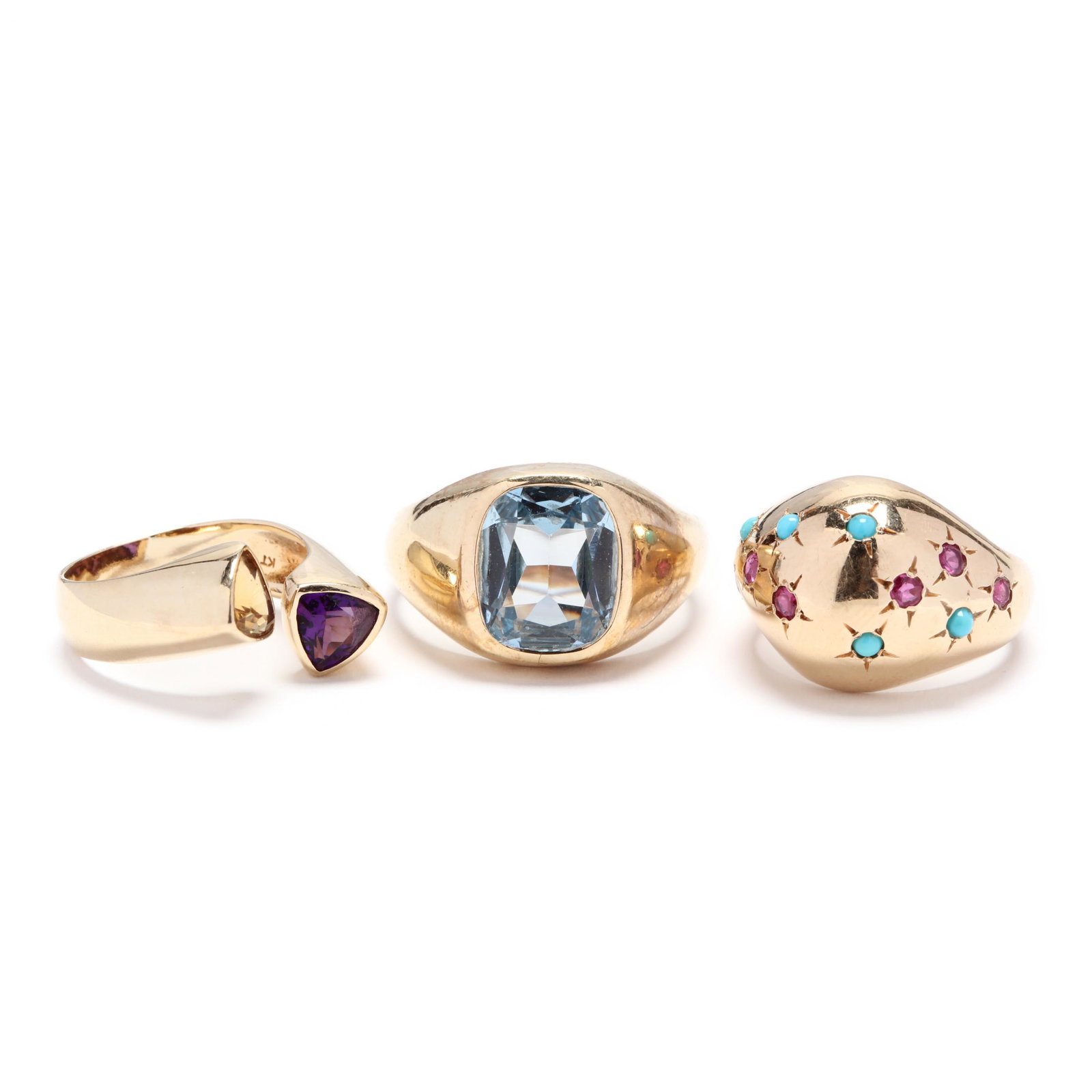 Three Gold and Gemstone Rings: Three Gold and Gemstone Rings to include: a cushion cut synthetic blue spinel signet ring, stamped 10K (ring size 11); a two stone ring set with a triangular cut amethyst and citrine, stamped 14K (rin