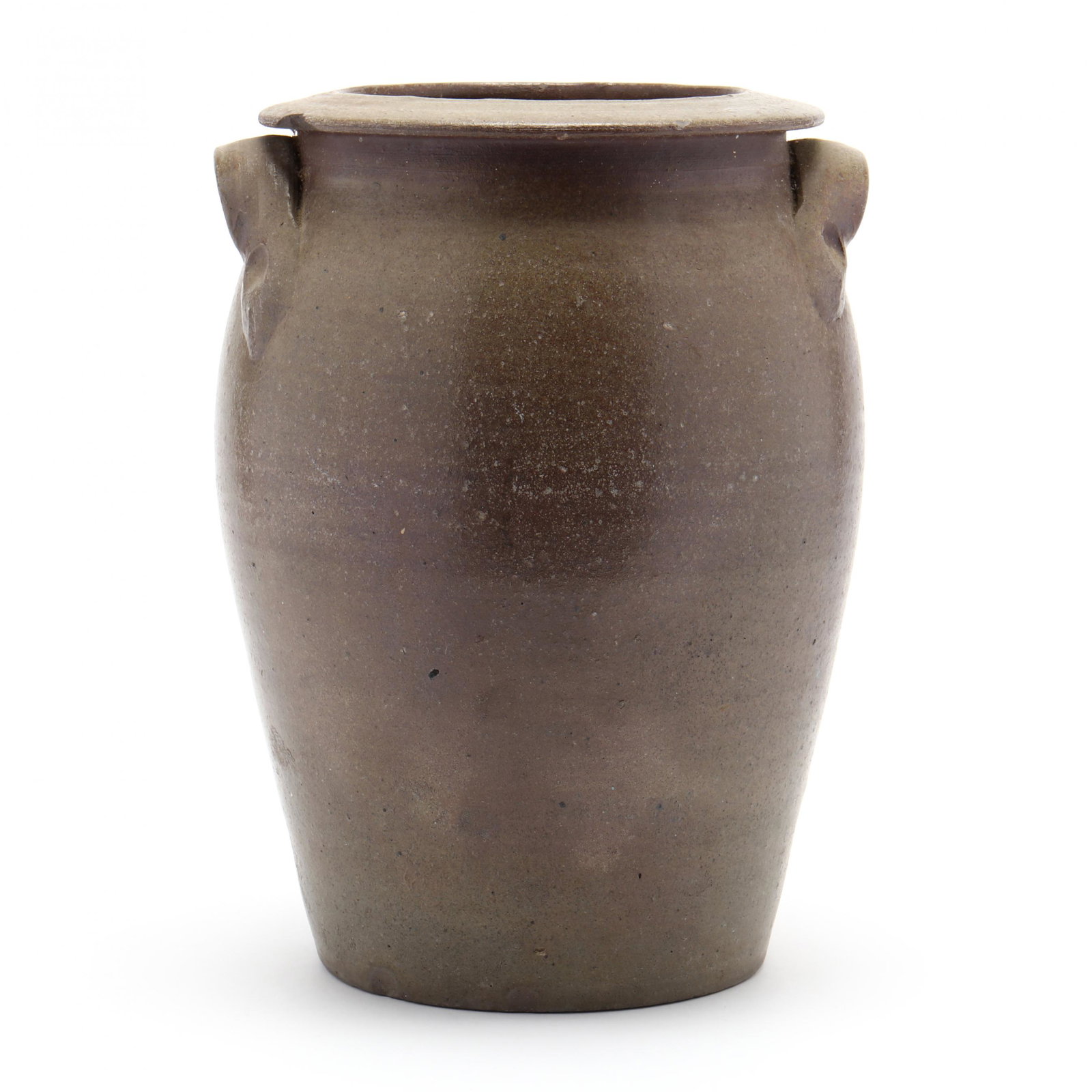 NC Pottery, Himer Fox, (Chatham County 1826-1909) Jar: NC Pottery, Himer Fox, (Chatham County 1826-1909) Jar salt glazed stoneware having a slightly everted flattened rim, brown to light olive tones, thumb print ear handles, impressed mark "H. Fox 2" bene