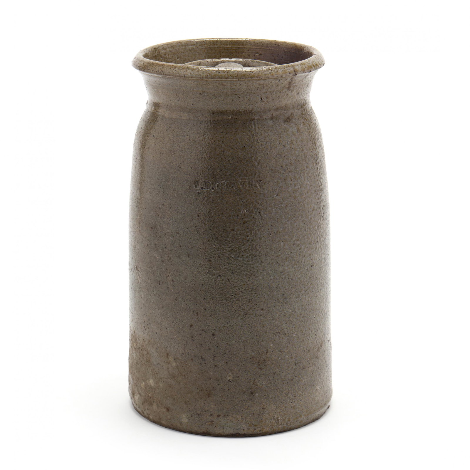 NC Pottery, Jacob Dorris Craven (Randolph: NC Pottery, Jacob Dorris Craven (Randolph County1827-1895) salt glazed stoneware storage jar, half gallon, having a high rim with straight sides, with lid, stamped "J.D. Craven". 9 7/9 in. Additional 