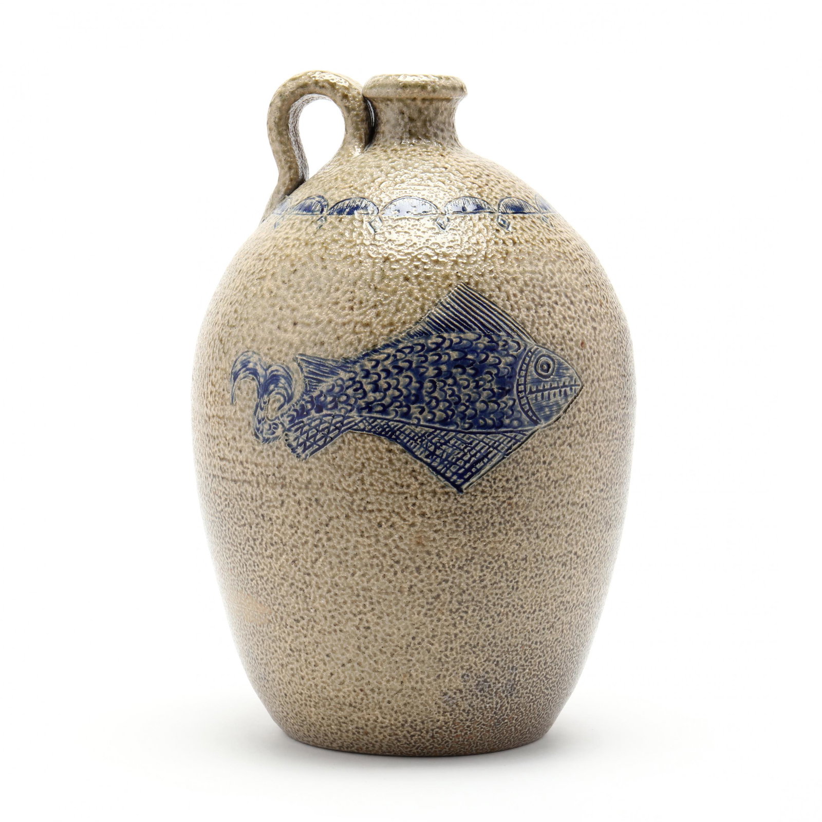 NC Pottery Turn & Burn Bird and Fish Jug: NC Pottery Turn & Burn Bird and Fish Jug salt glazed stoneware with incised and cobalt decoration in the Webster tradition with a fish to one side and a banner-holding bird on the other, inscribed on 