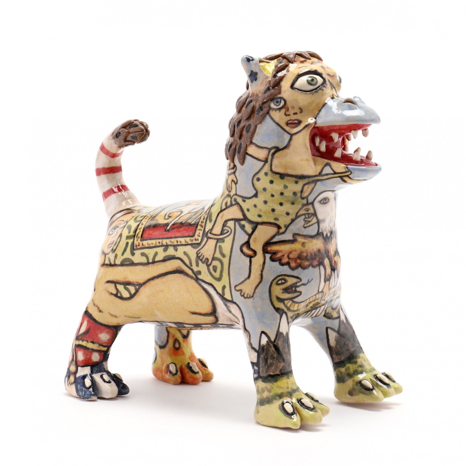 NC Folk Pottery, Stacy Lambert Foo Lion: NC Folk Pottery, Stacy Lambert Foo Lion molded and turned, a two-headed creature having dual open mouths with applied teeth, paw feet with claws, whimsically painted with a dinosaur, a centaur, eagle 