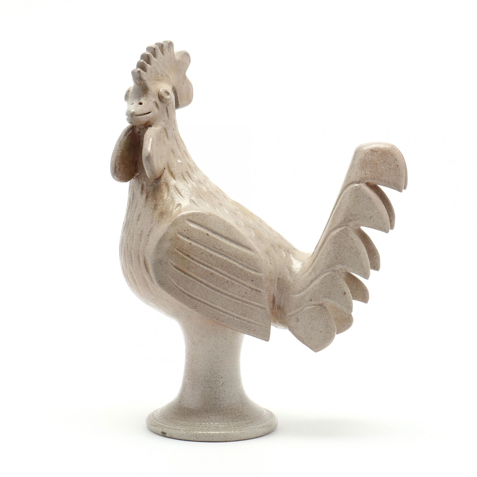 NC Folk Pottery Rooster, Larry Moore: NC Folk Pottery Rooster, Larry MooreSeagrove, NC, brother to Charles Moore, a salt glazed standing rooster figure, turned and molded with inscribed feathers, signed on the bottom. 11 x 7 in. Addition