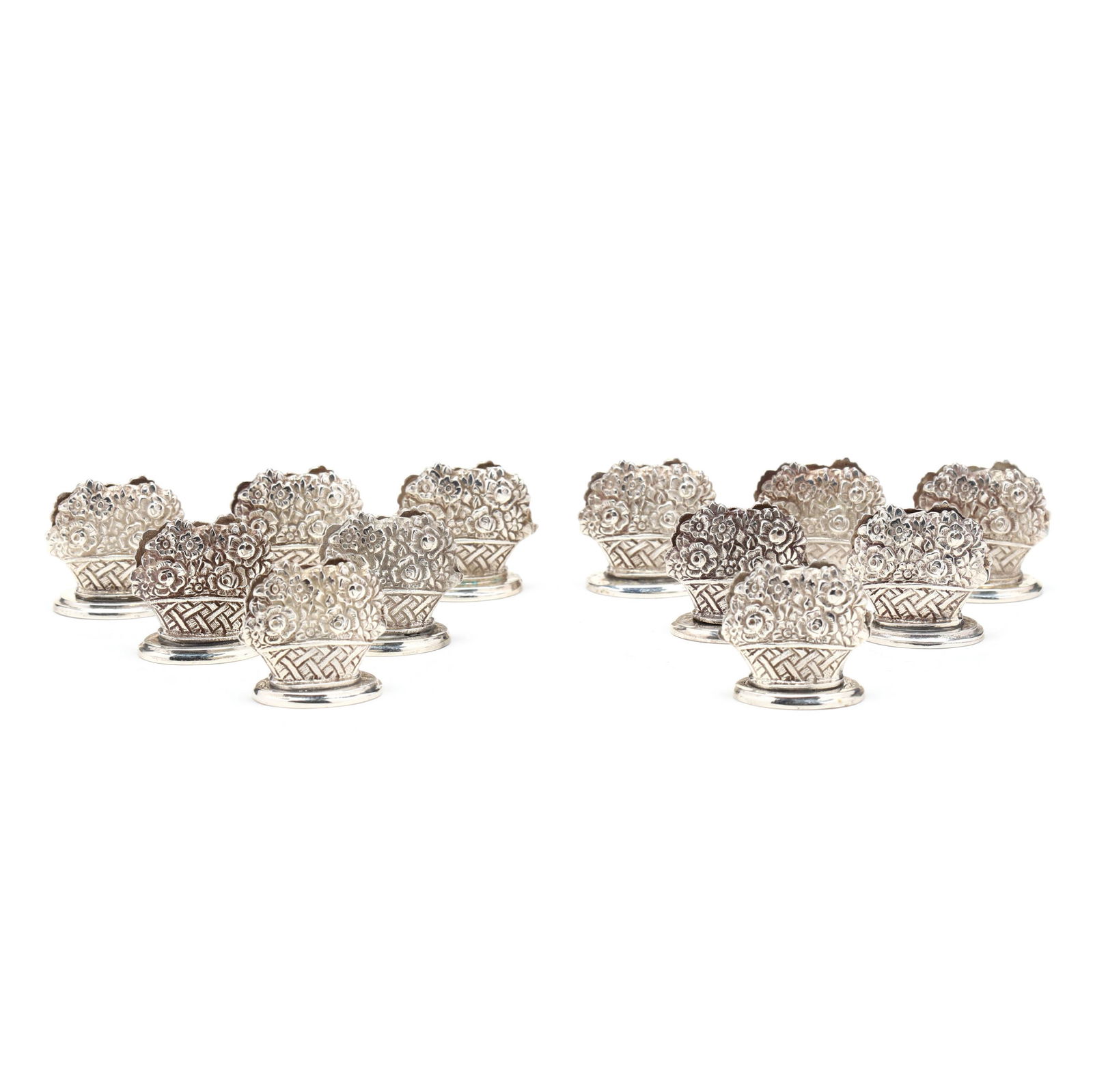 Set of Twelve Tiffany & Co. Sterling Silver Place Card: Set of Twelve Tiffany & Co. Sterling Silver Place Card Holdersmarked, late 20th century, in the form of baskets of flowers, with original felt bags. .75 in. 4.2 total troy oz. Additional high-resolut