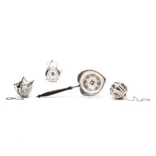 Four Sterling Silver Tea Infusers & Strainer: Four Sterling Silver Tea Infusers & Strainer one in the form of a teapot by Webster Co.; one in the form of a teapot by Simons Brothers Co., 1909 patent date (replaced wire to hinge of cover); one