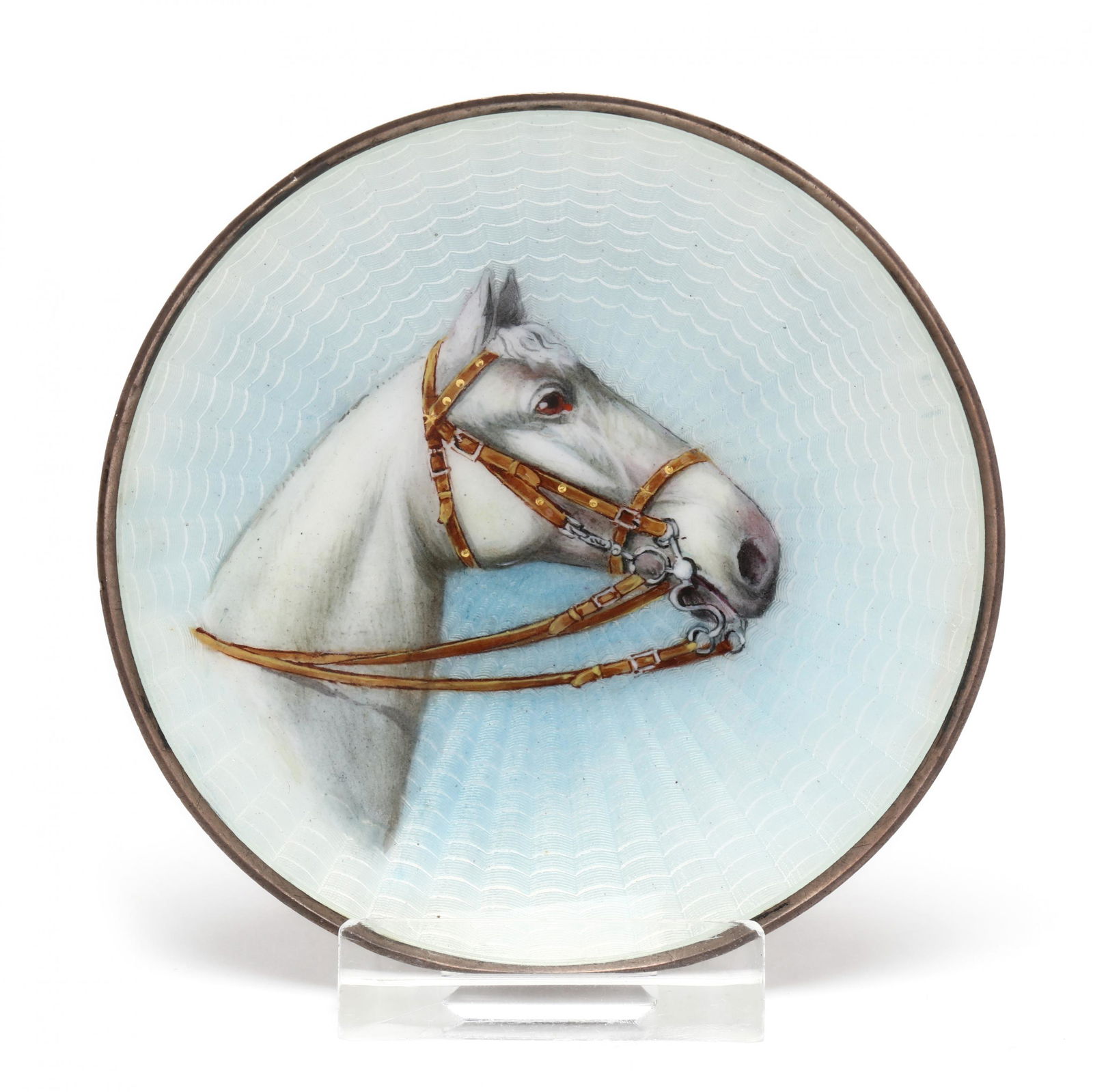 A Very Fine Enameled Silver Pin Dish: A Very Fine Enameled Silver Pin Dishearly 20th century, likely Austrian, marked .900 to rim, finely painted with a white horse in profile against a pale blue guilloche enameled ground. 3 3/8 in. diame