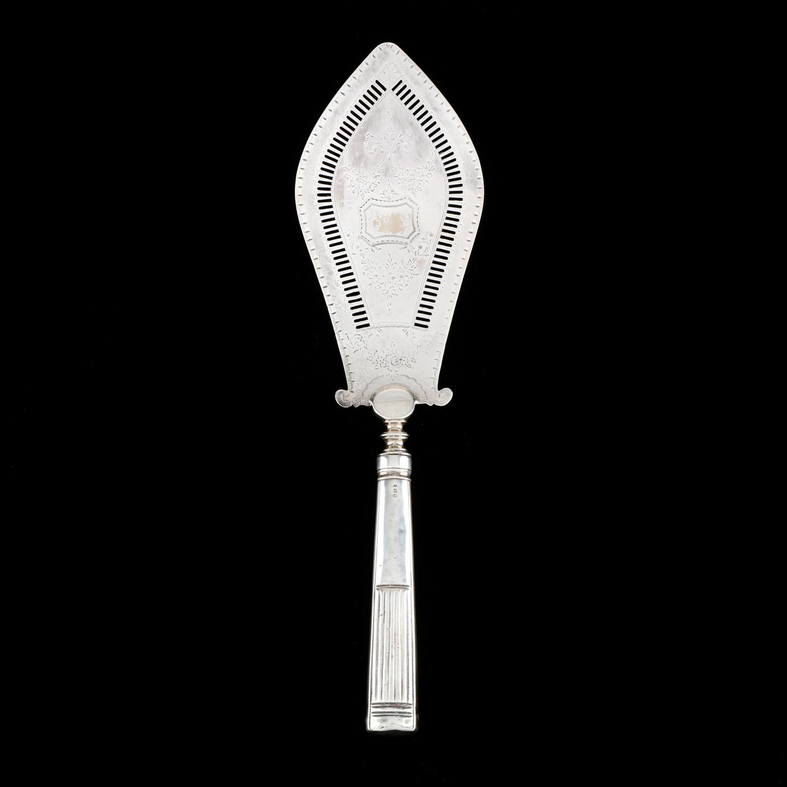 George III Silver Fish Slice: George III Silver Fish Slice mark of Moses Brant, London (1795) hallmark, engraved and cutwork decoration to blade. 11.5 in. 5 troy oz. Private Collection of English Silver, Raleigh, North Carolina Ad