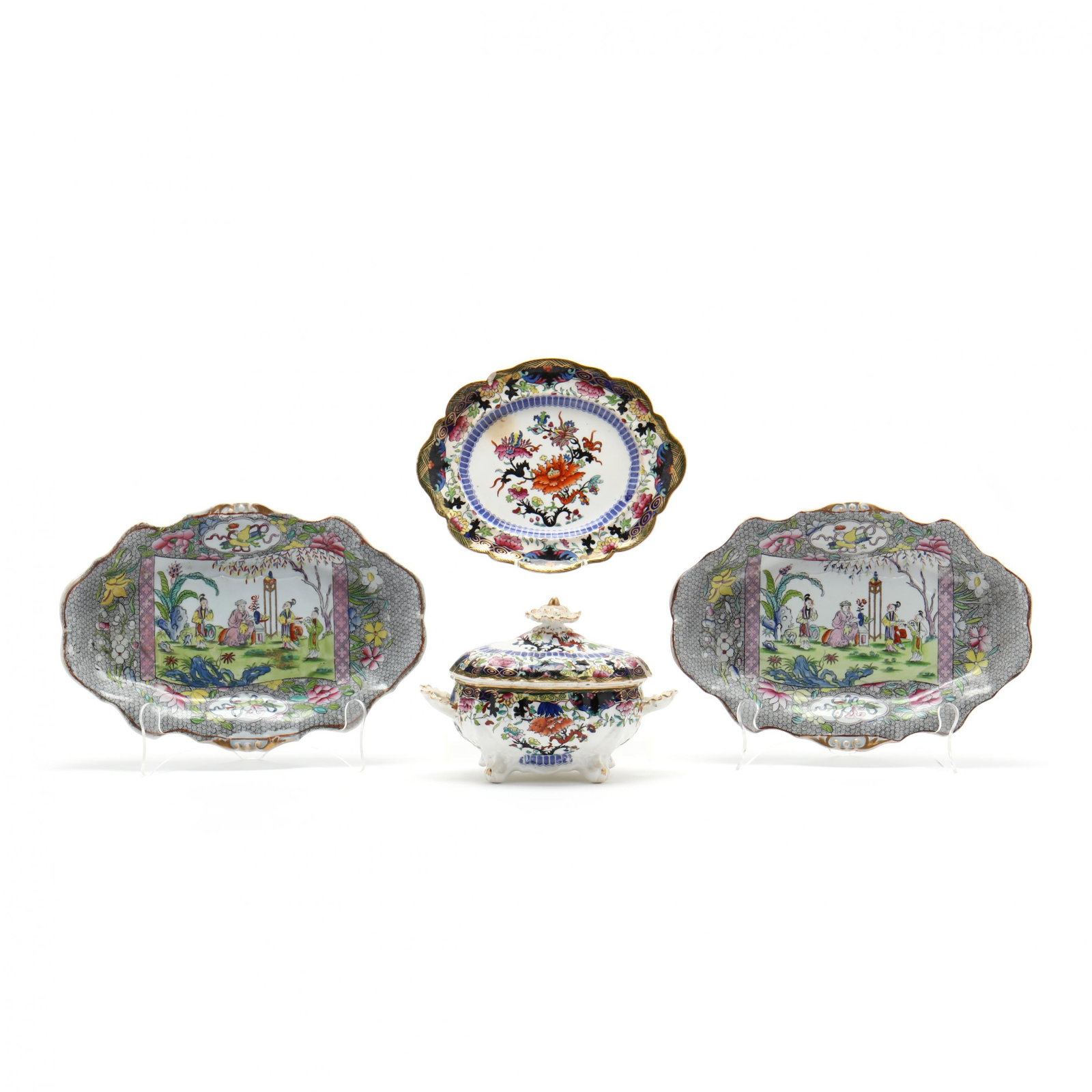 Three Pieces of Antique English Porcelain Transferware: Three Pieces of Antique English Porcelain Transferware 19th century, including a pair of ironstone Chinoiserie decorated platters and a small lidded tureen with underplate having floral decoration, un