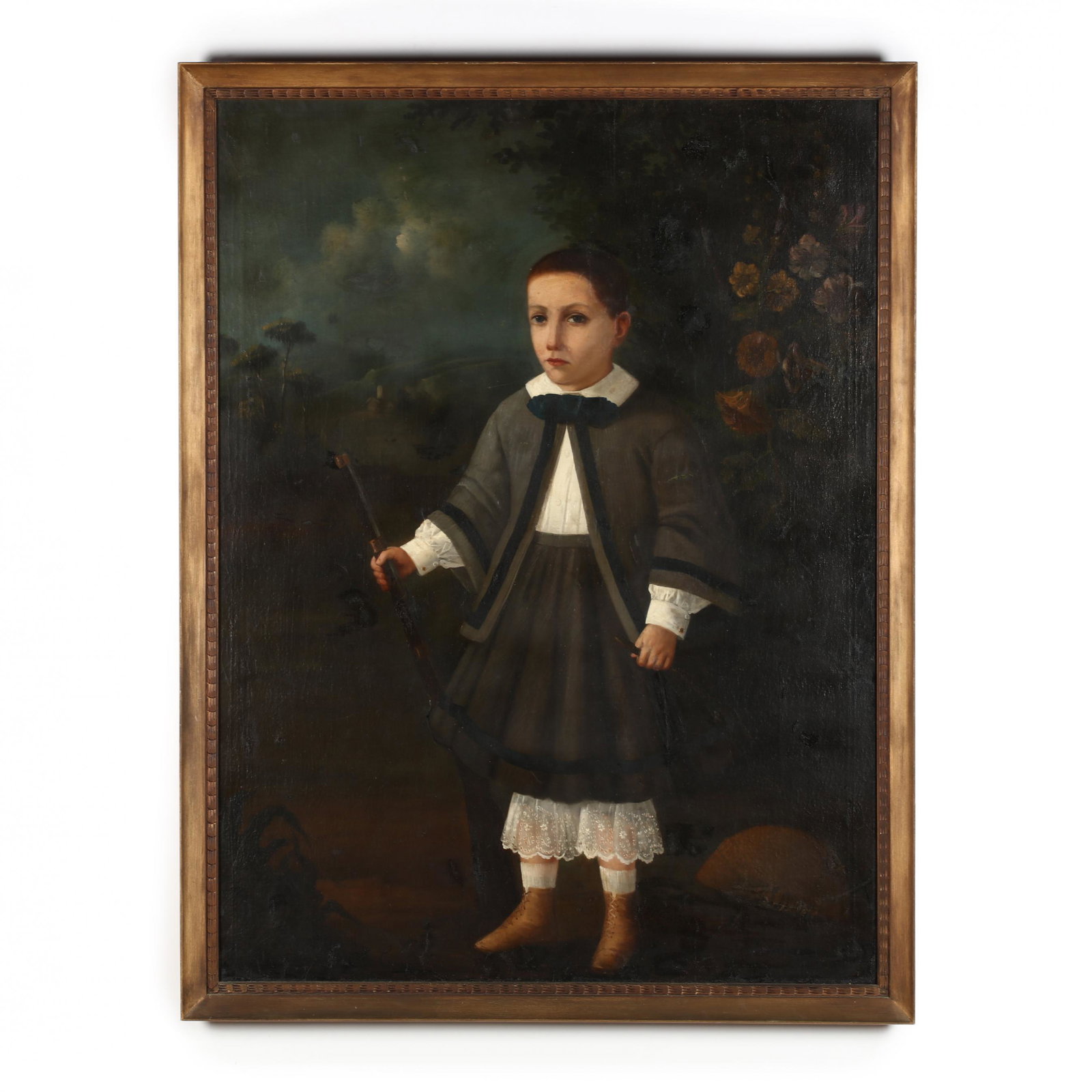 An Antique Portrait of a Young Boy with Rifle: An Antique Portrait of a Young Boy with Rifle oil on canvas (lined), signature and date at lower center appears to read "H. Campo / 1854," presented in a later frame. DOA 51.5 x 39.5 in. Additional hi