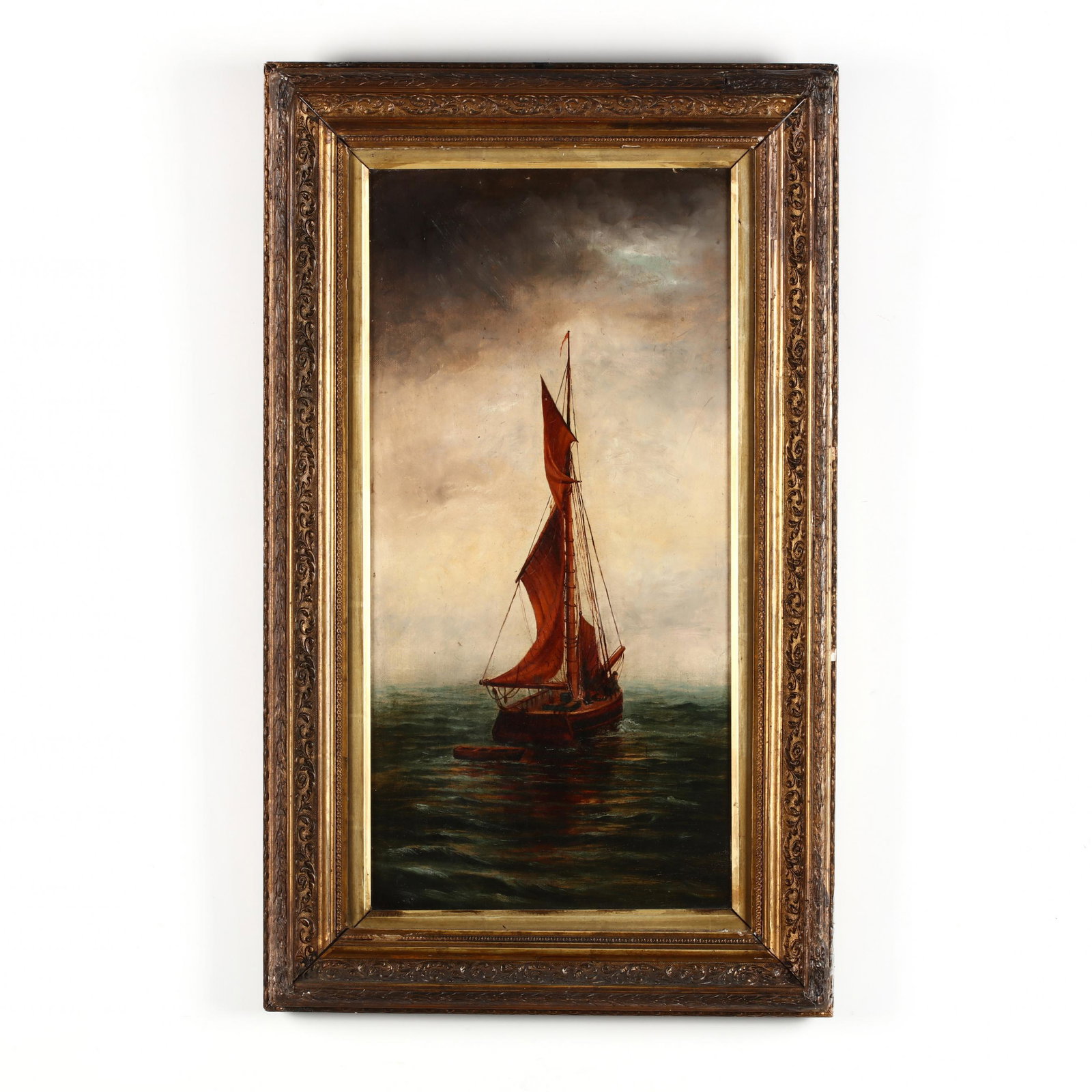 Antique English School Painting of a Sailing Ship: Antique English School Painting of a Sailing Ship oil on canvas, late 19th/early 20th century, appears unsigned, canvas with "Barnard & Sons" stamp to verso, in antique gilt wood and composition frame