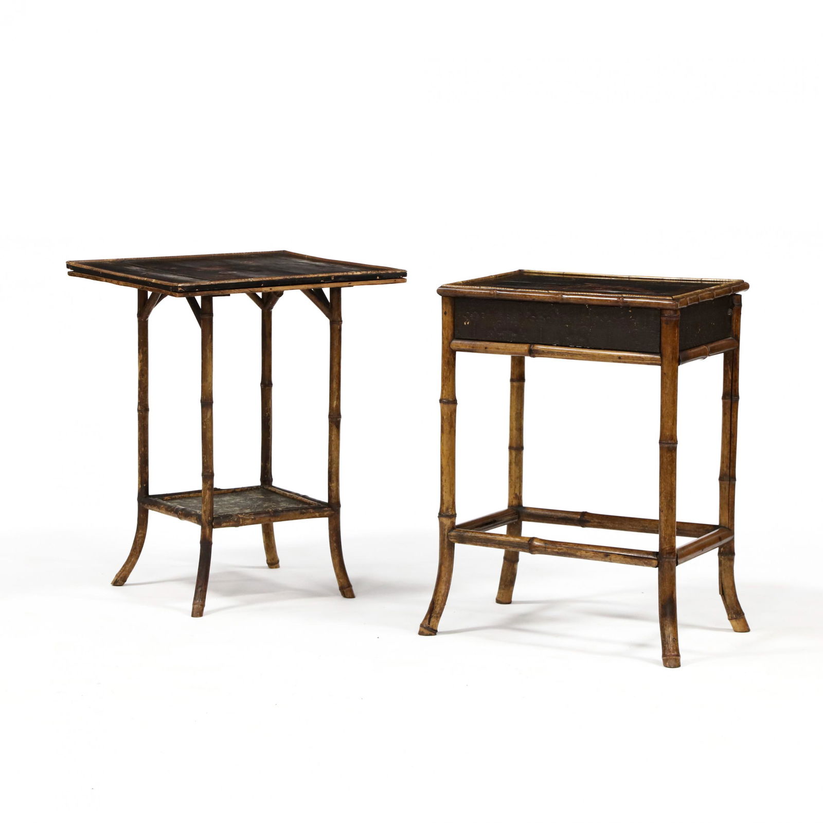 Two Antique English Bamboo Chinoiserie Stands: Two Antique English Bamboo Chinoiserie Stands19th century, including a two tiered table and a hinged lid sewing table, each with black and red lacquer chinoiserie decoration. Square table 28 x 21.5 x