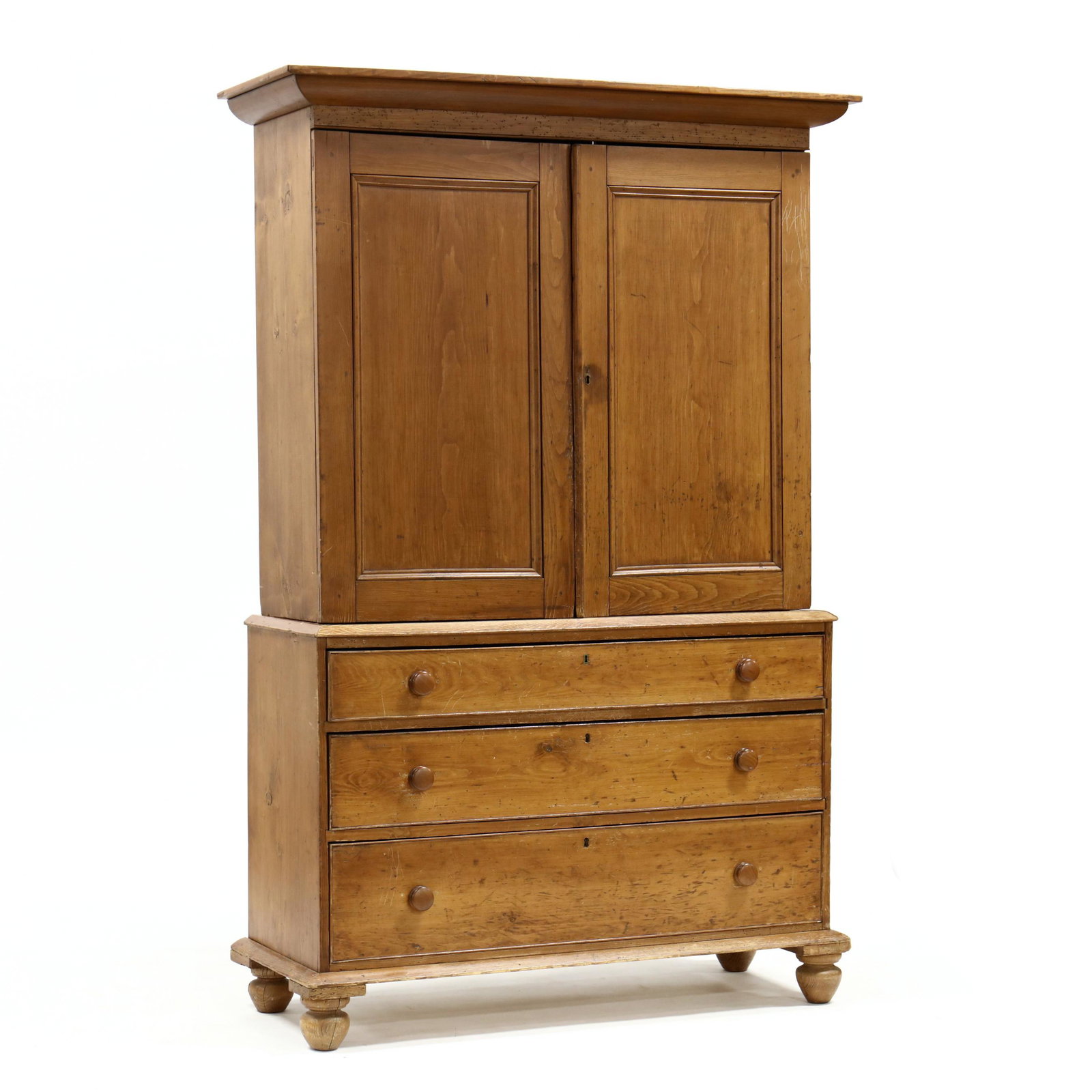 Antique English Linen Press: Antique English Linen Press 19th century, two-part form, applied cove molded cornice, two hinged panel doors, fixed shelf interior, over three graduated cock beaded drawers, raised on turned feet. 81 