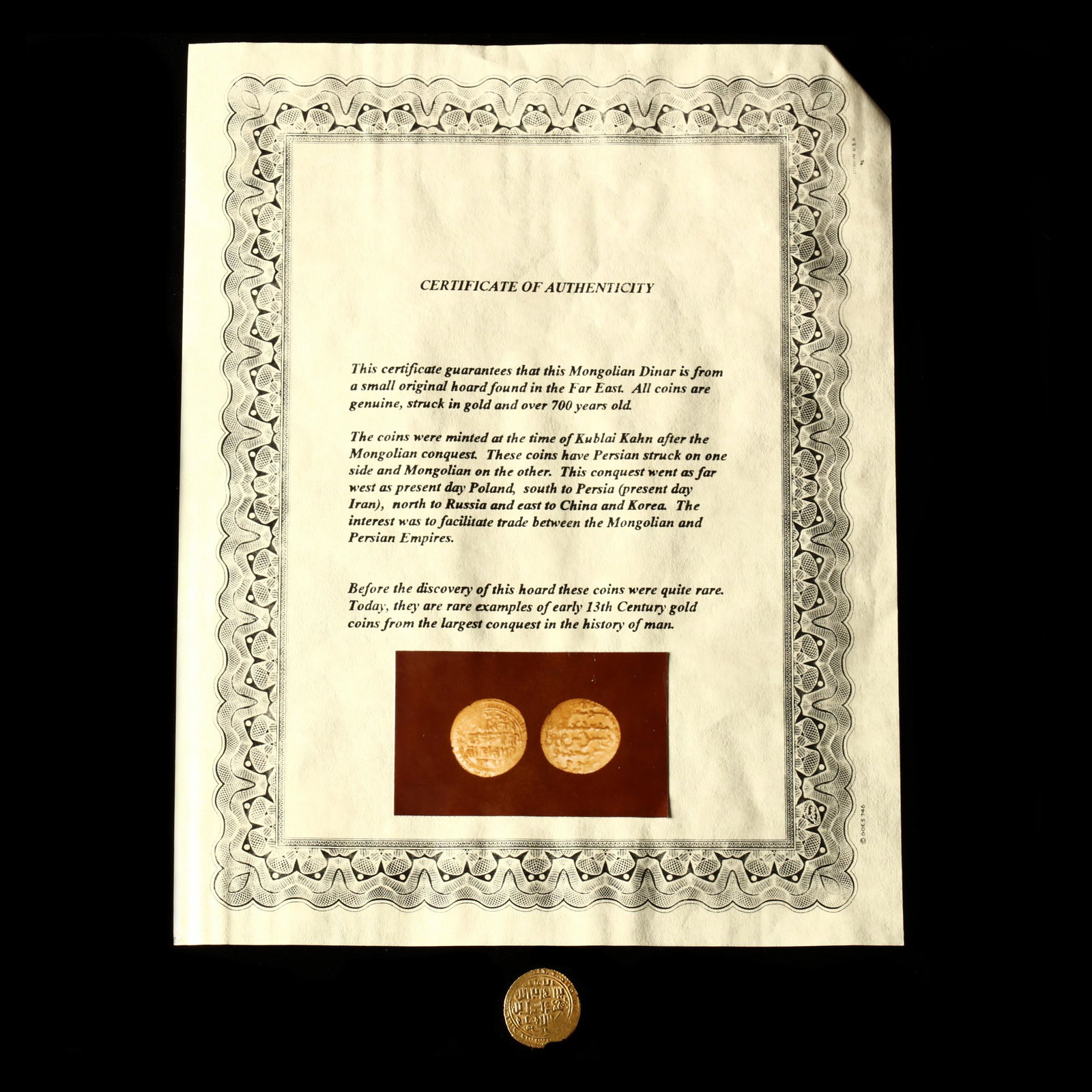 Mongolian Empire Gold Dinar: Mongolian Empire Gold Dinar 13th-14th century, 23.5mm, 4.41g; acquired from New World Rarities, Ltd. in 1995, with COA giving general attribution and commentary. Some flat spots, else VF. From a priva