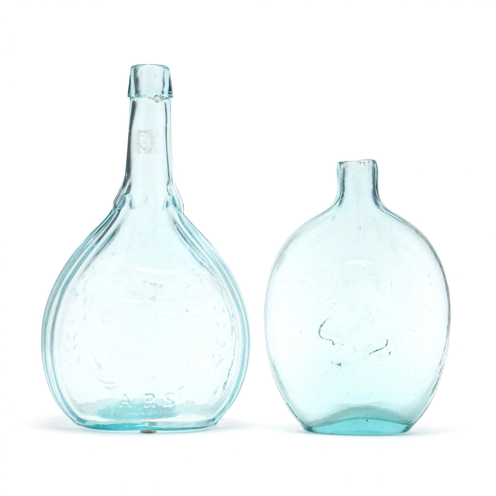 Two 19th Century Historical Glass Flasks: Two 19th Century Historical Glass Flasks the first a pale aqua masonic "Clasped Hands / Eagle" historical blown and molded glass bottle by A. R. Samuels of Philadelphia, circa 1845-1860, calabash fork