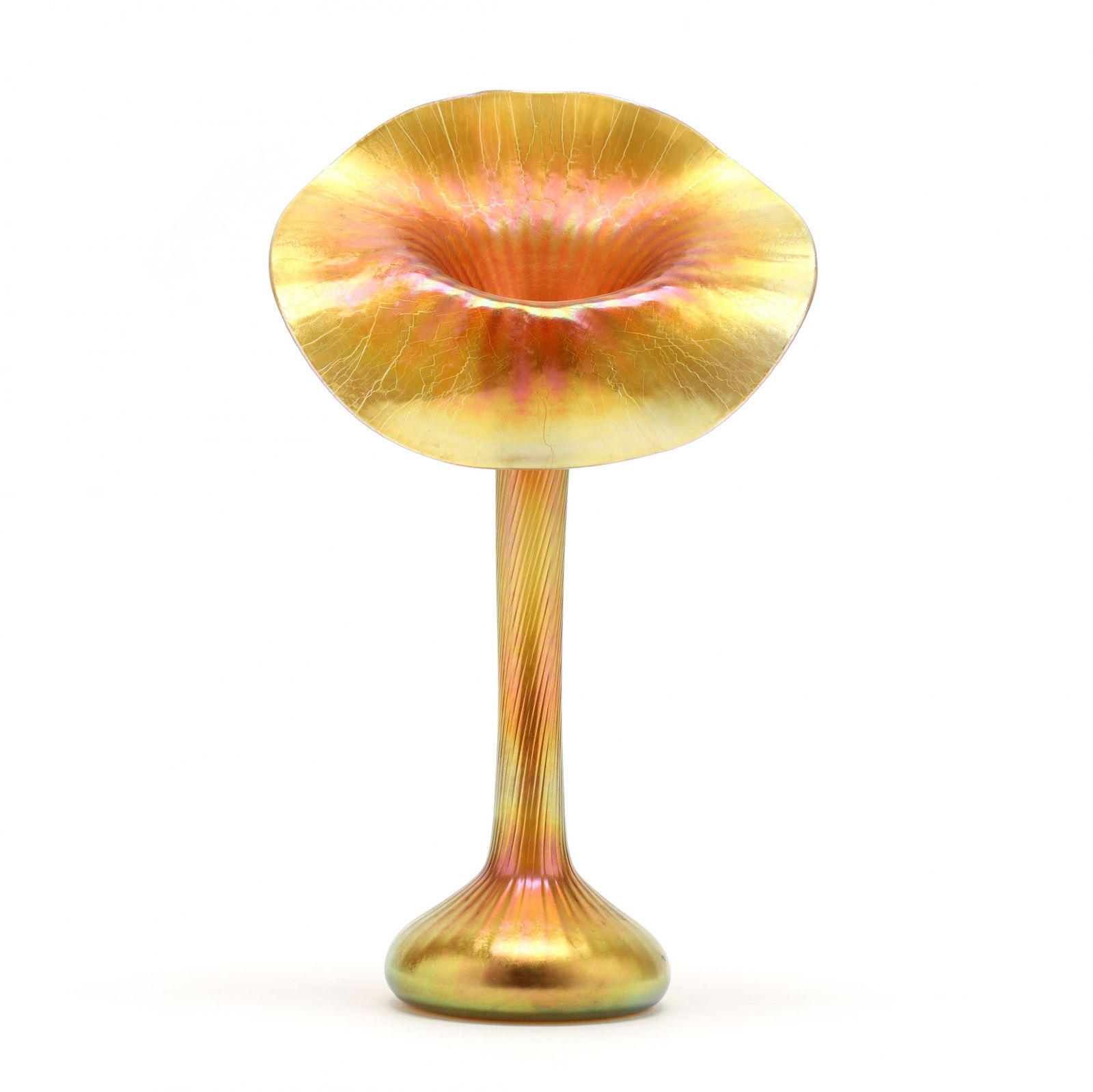 Lundberg Studios, Jack-in-the-Pulpit Glass Vase: Lundberg Studios, Jack-in-the-Pulpit Glass Vase1998, blown gold irredescent glass with a spiral twist stem, signed near pontil. 10.5 in. Collection of a New Hampshire Gentleman and John Martin Walsh o