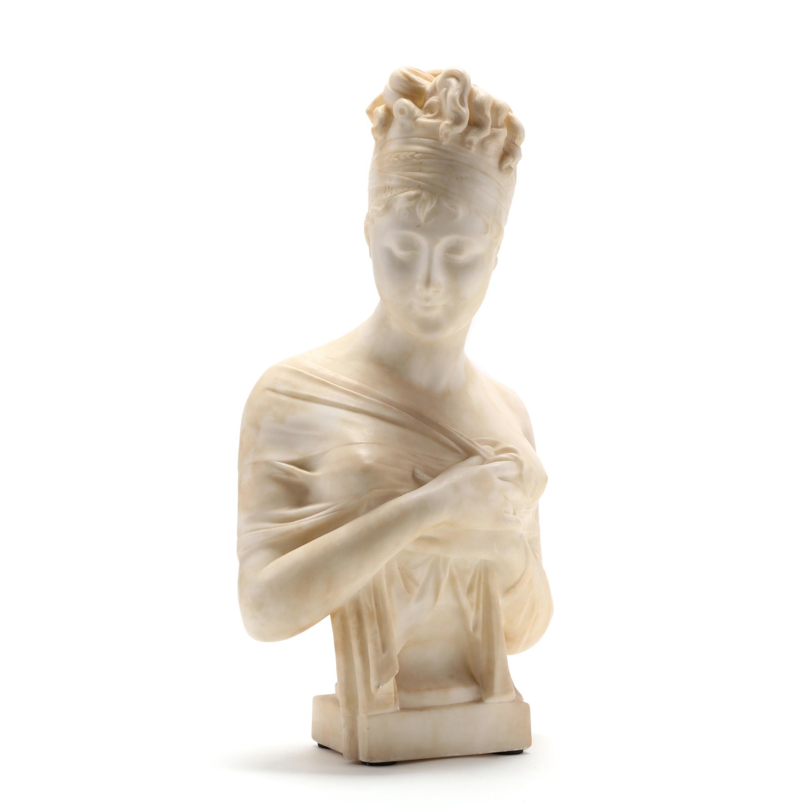 after Joseph Chinard (French, 1756-1813), Bust of: after Joseph Chinard (French, 1756-1813), Bust of Juliette RÃ©camier carved alabaster, unsigned, mid-19th century. 21.25 in. From the Collection of Colonel and Mrs. Gordon Roberts, Fayetteville, Nor