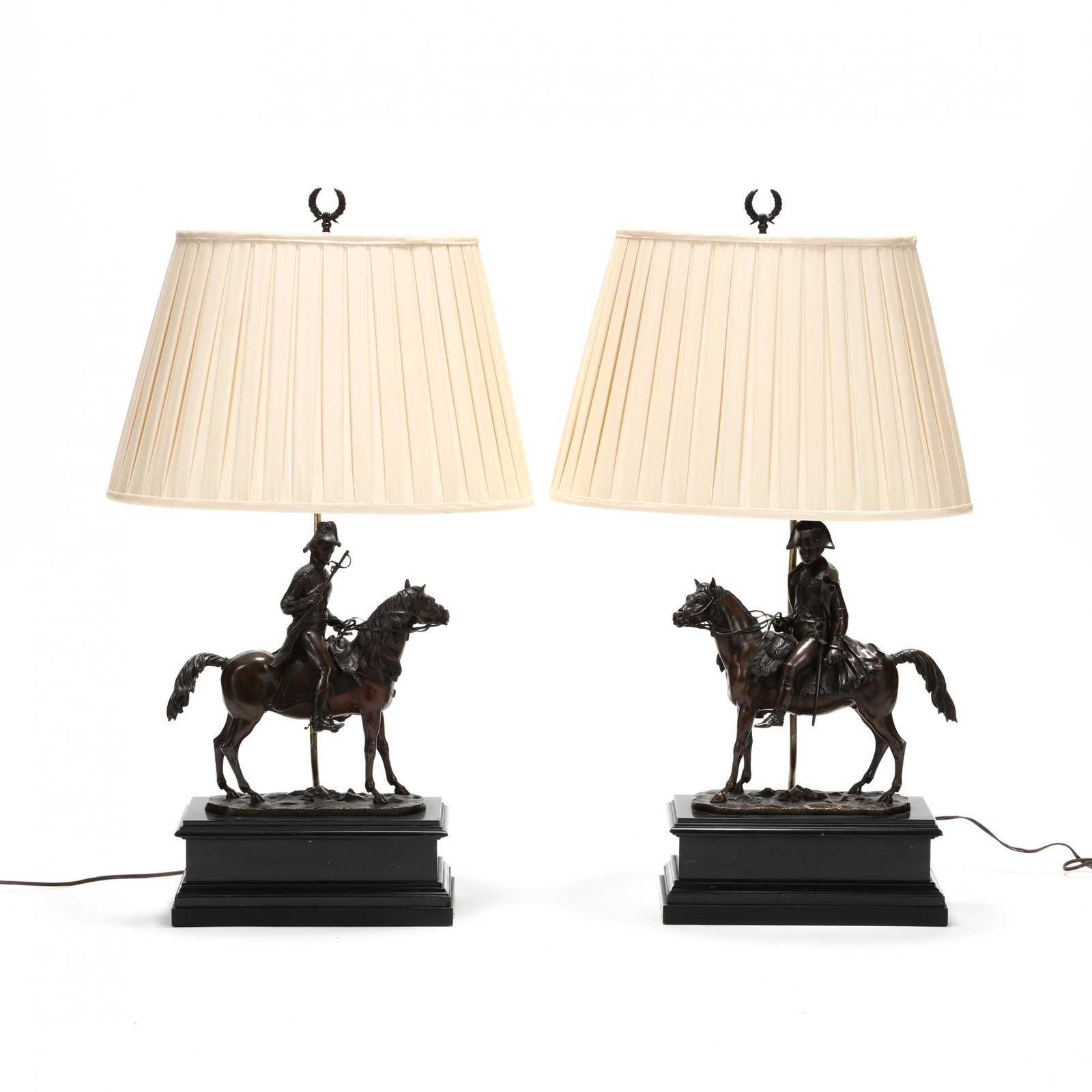 Pair of Fine Figural Bronze and Stone Lamps of Napoleon: Pair of Fine Figural Bronze and Stone Lamps of Napoleon and Wellington late 19th century, finely cast bronze figures on slate base, with later ebonized wood and brass lamp fixture, appear unmarked. HO