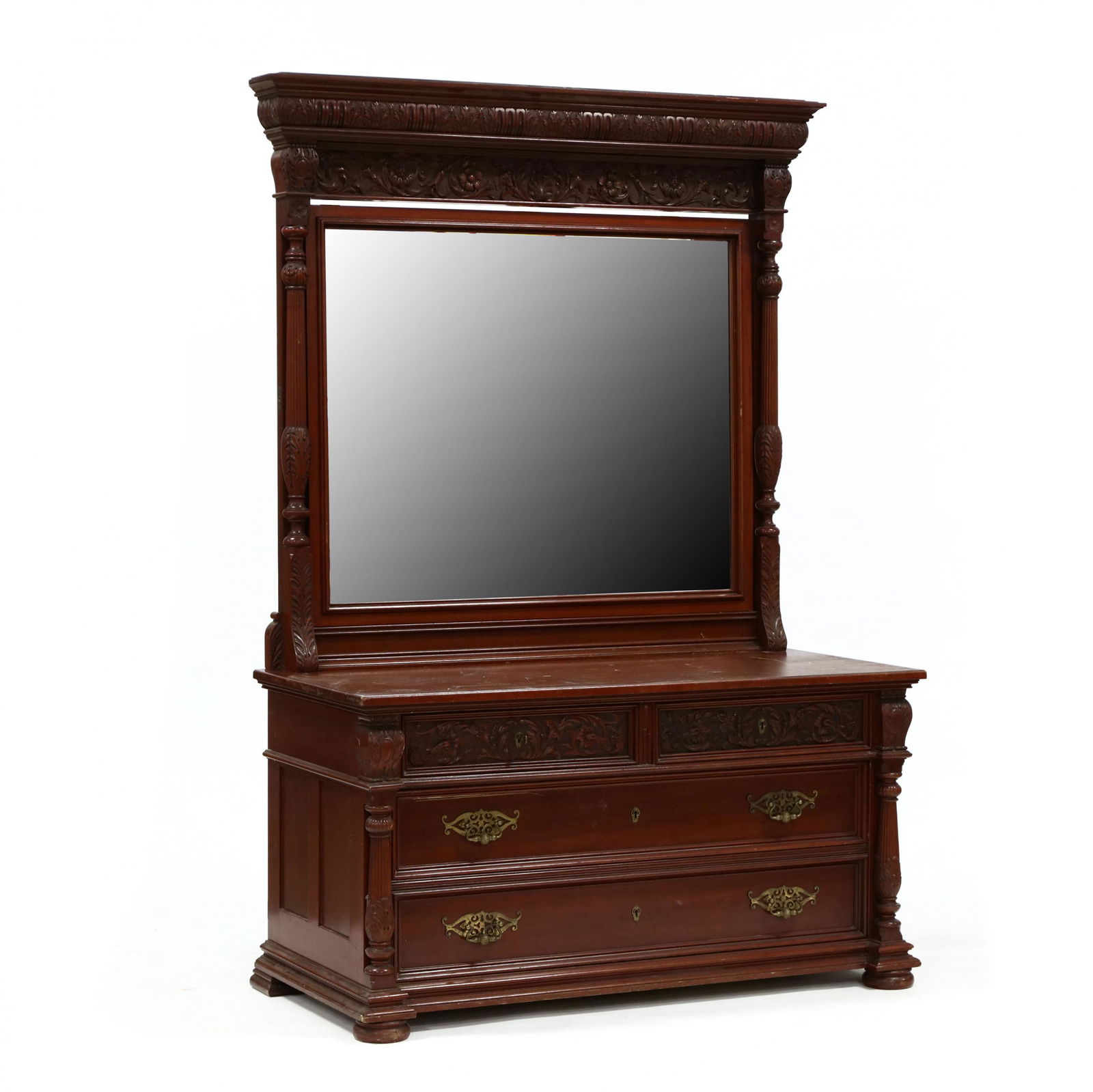 att. R.J. Horner & Co., Carved Mahogany Chest With: att. R.J. Horner & Co., Carved Mahogany Chest With Mirrorlate 19th century, rectangular hinged beveled mirror, with ornate acanthus leaf and carved rosette surround, flanked by reeded columns, chest w