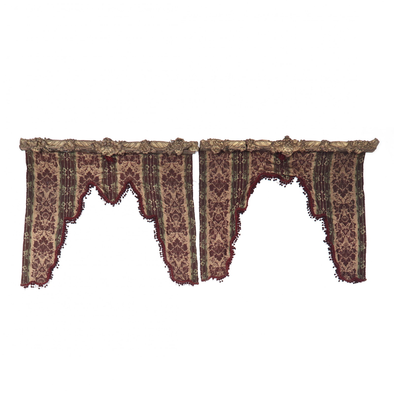 Pair of Victorian Pressed Brass Valances: Pair of Victorian Pressed Brass Valances 19th century, grapevine motif, with likely original fabric. 72 in. From the home of Durham philanthropist and banker, John Sprunt Hill, and his wife, Annie Wat